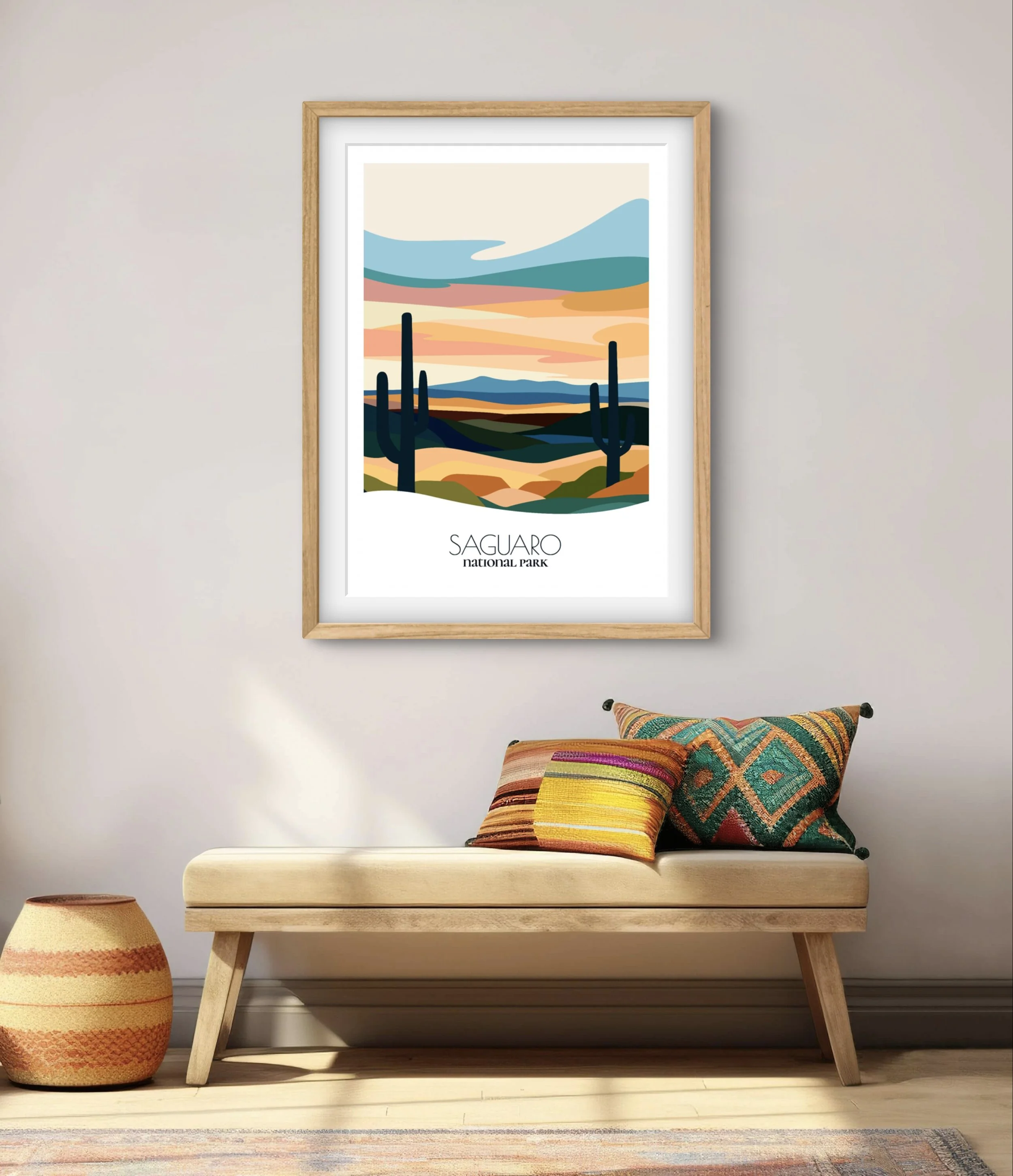 Modern minimalist art of Saguaro National Park, versatile decor for home and office.