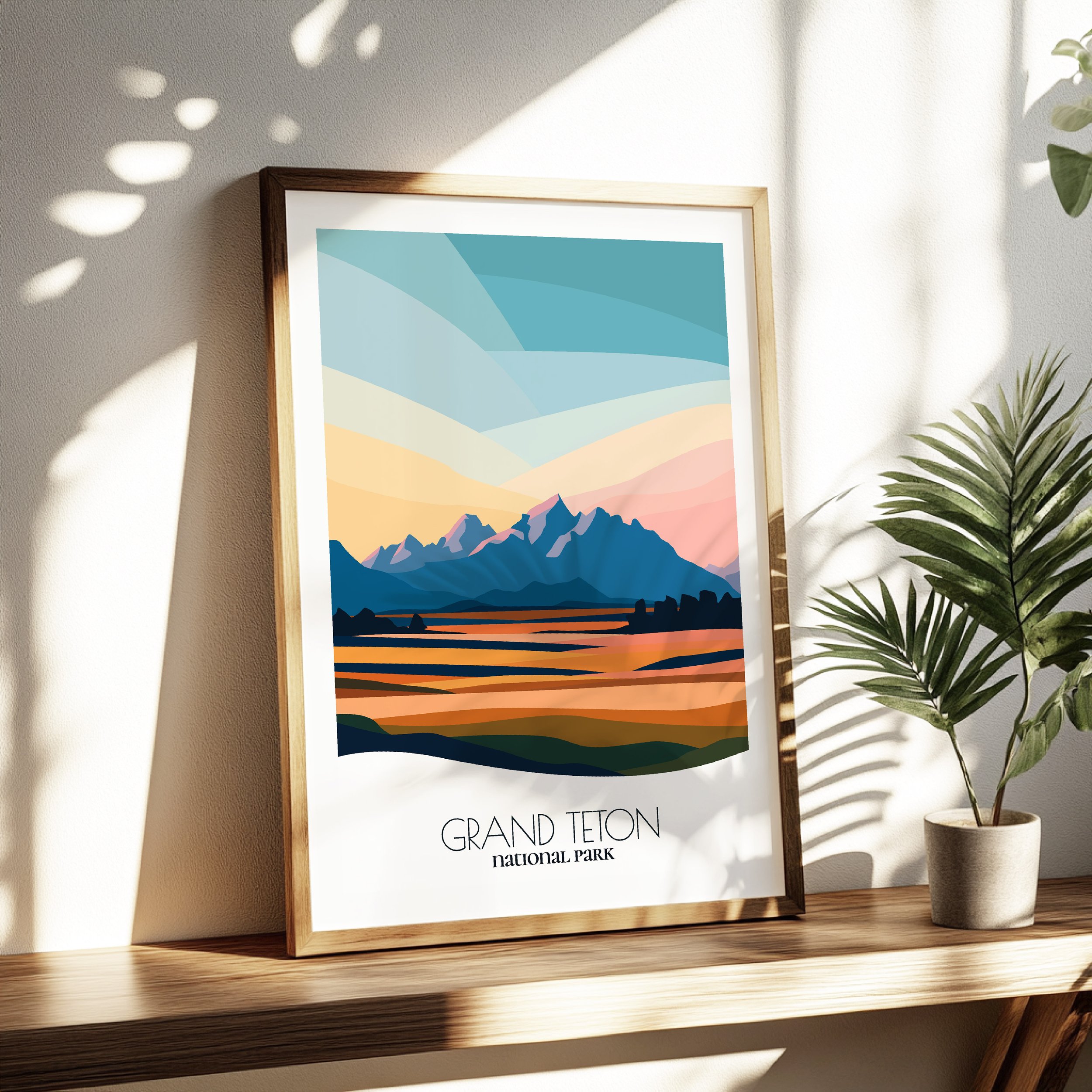 Living room wall decor featuring Grand Teton National Park in neutral tones for modern interiors.