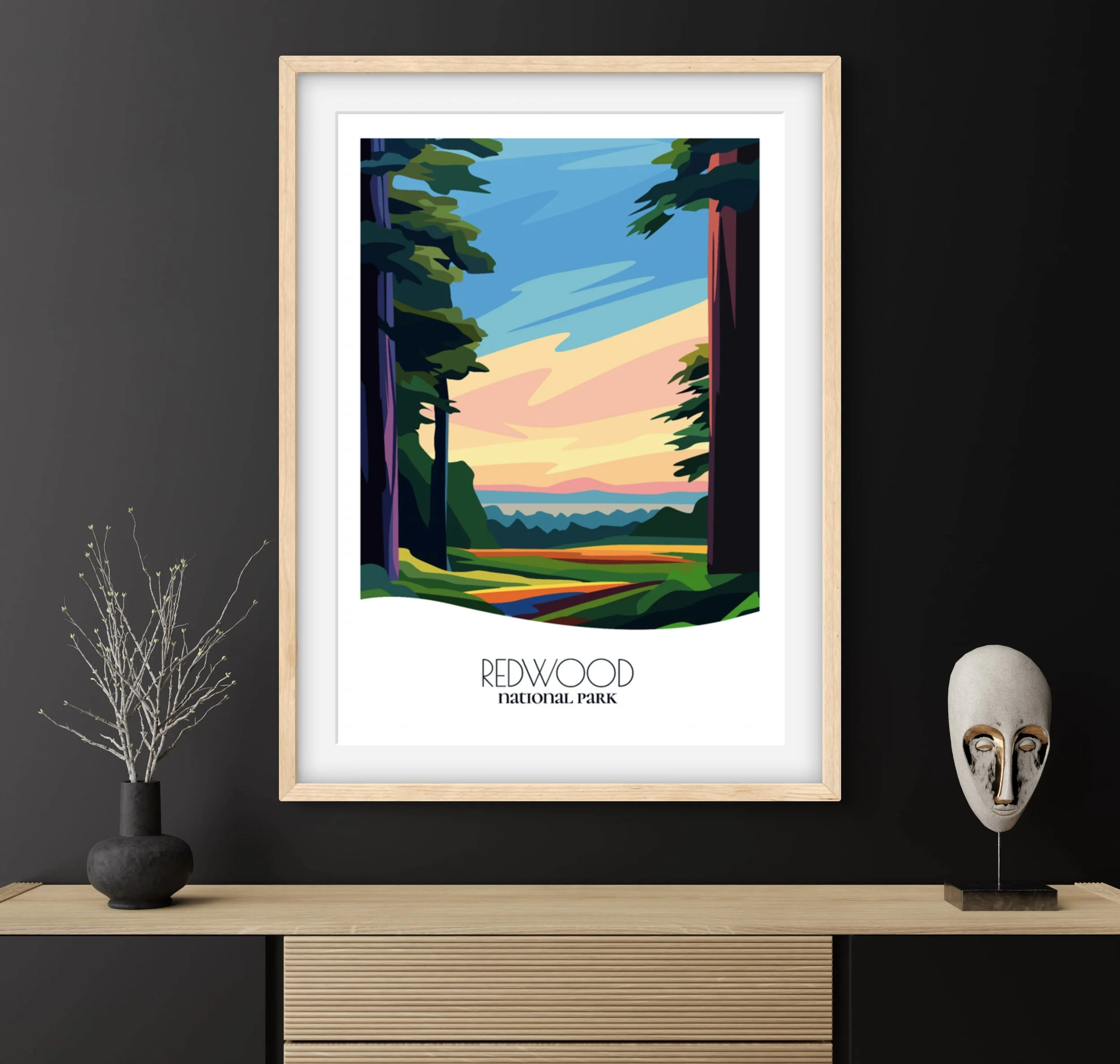 Bedroom print of Redwood with calming minimalist composition for California homes.