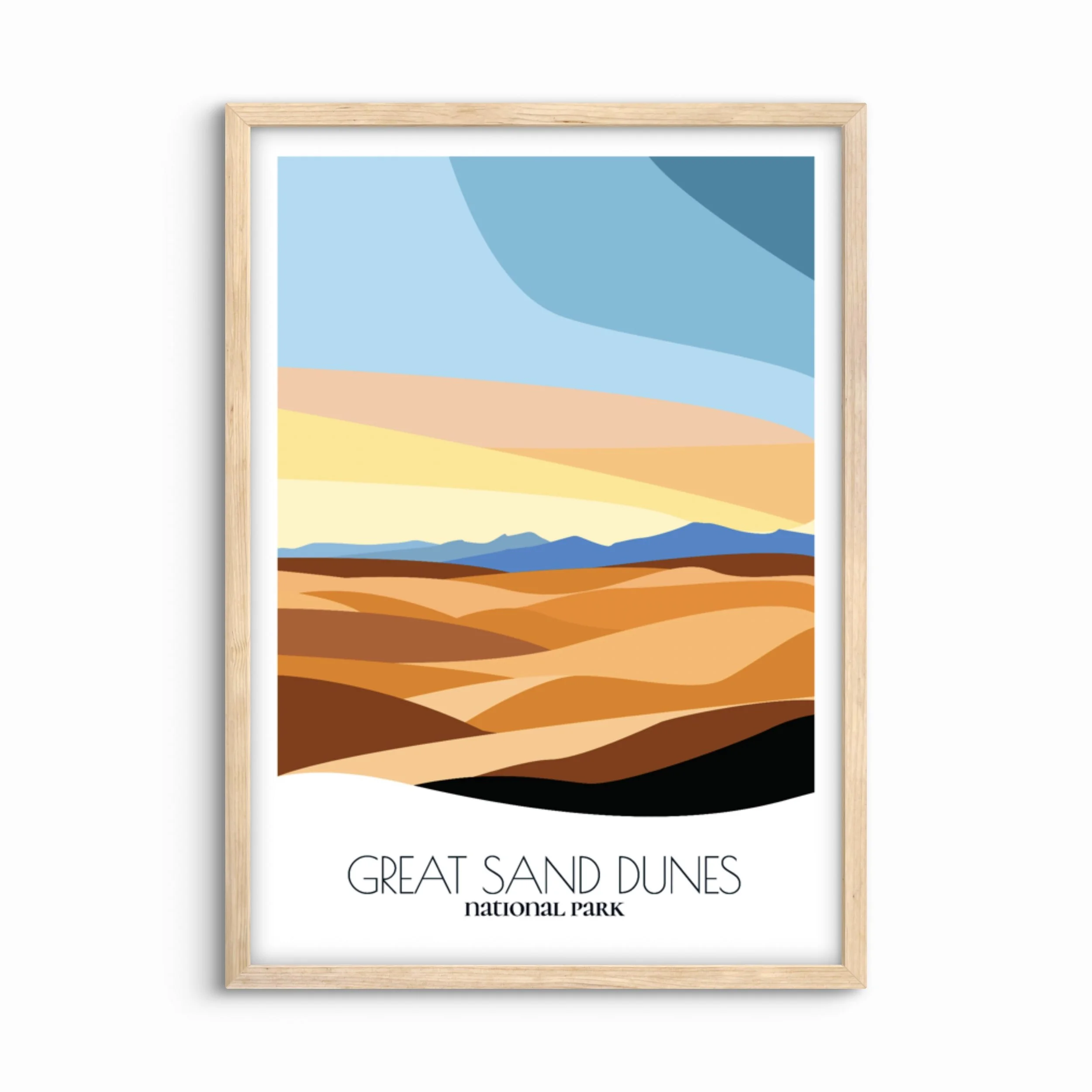 Minimalist travel poster of Great Sand Dunes National Park and Preserve, perfect gift for visitors in Colorado.