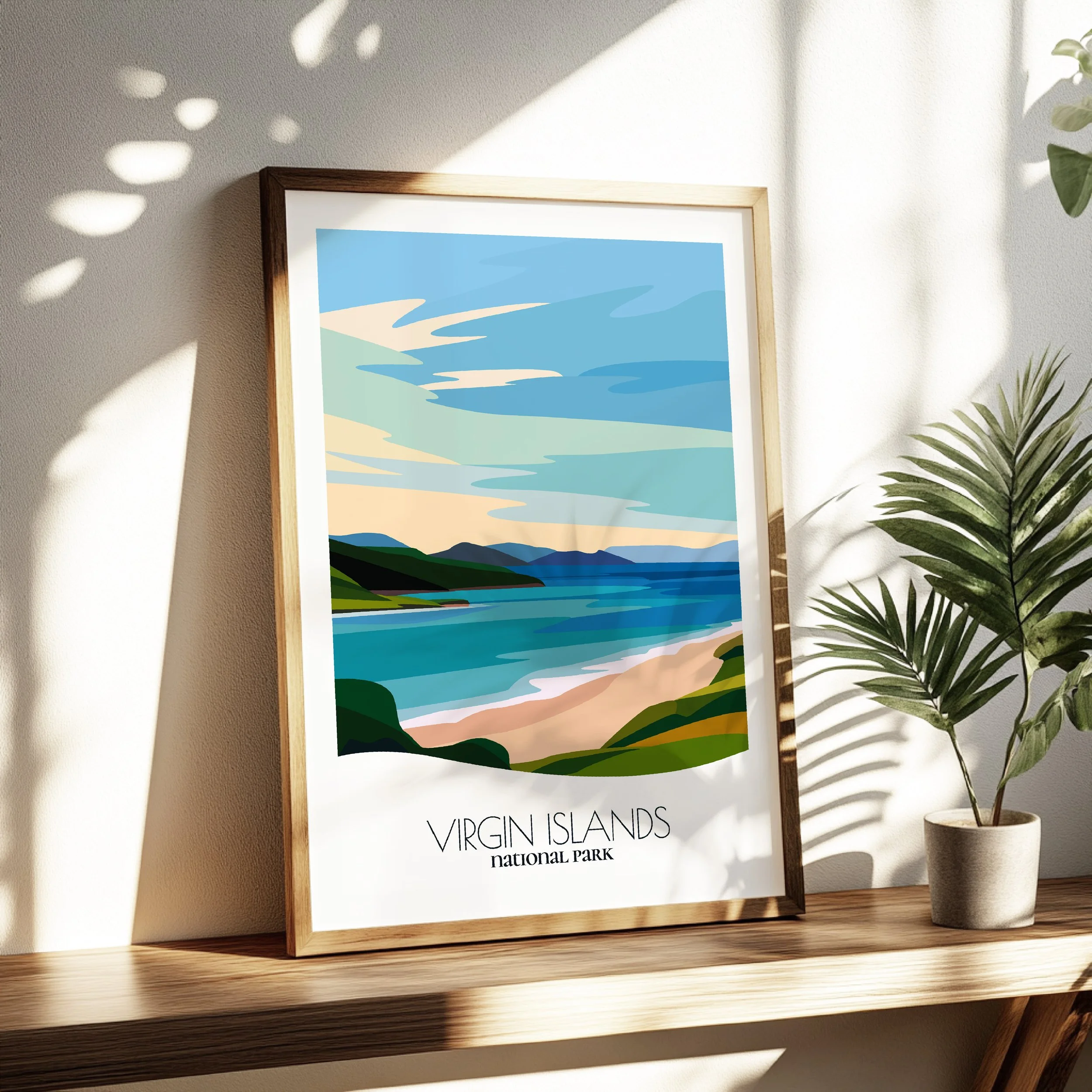 Living room wall decor featuring Virgin Islands National Park in neutral tones for modern interiors.