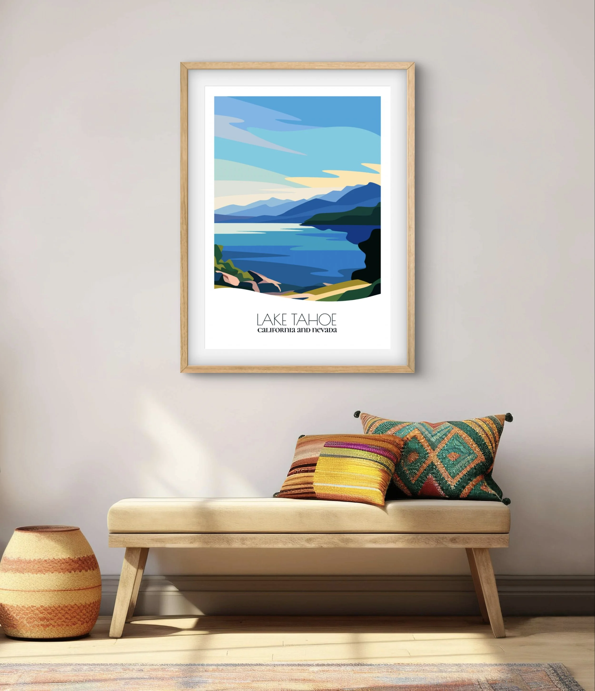 Modern minimalist art of Lake Tahoe, versatile decor for home and office.