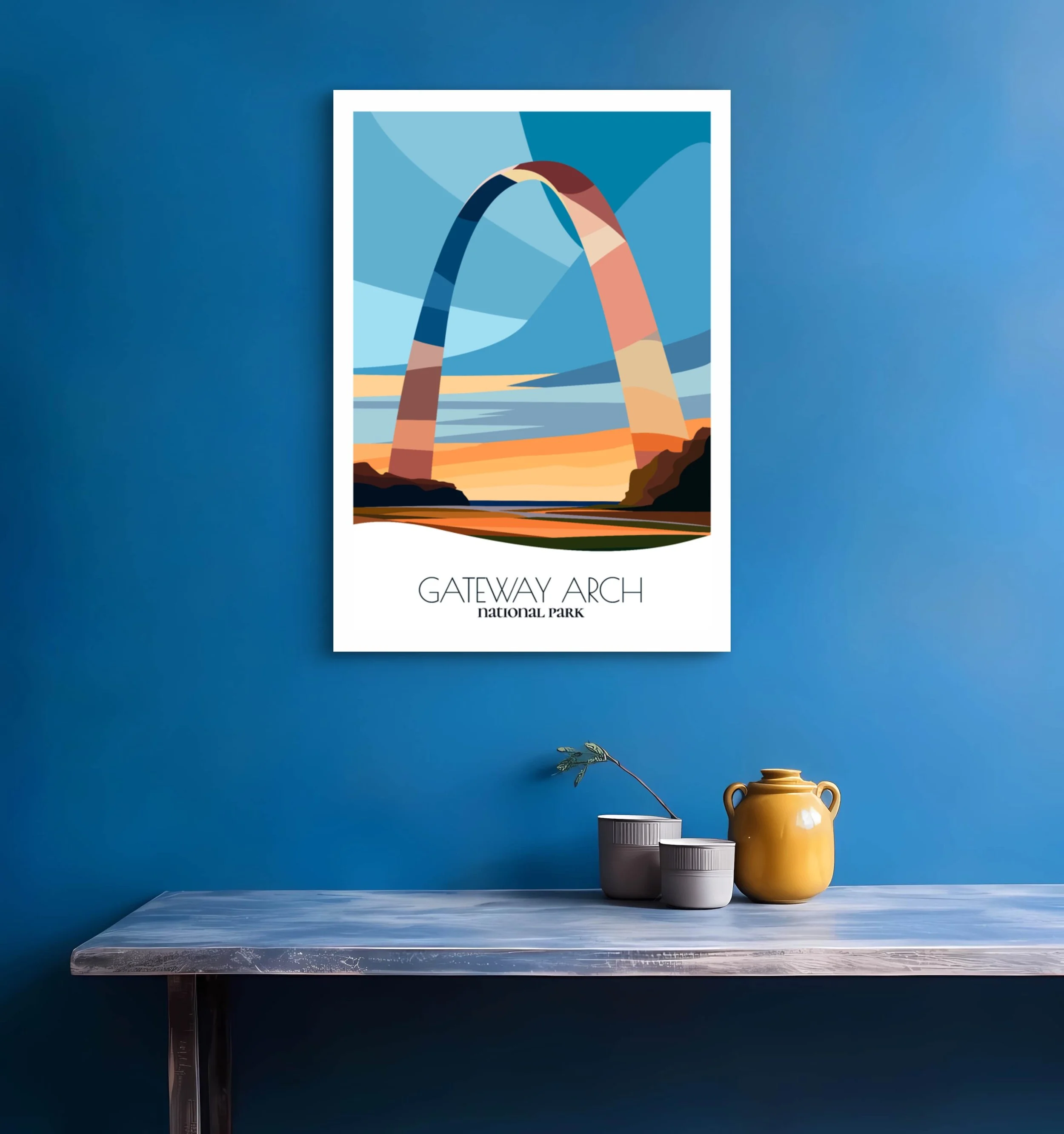 Bedroom print of Gateway Arch National Park with calming minimalist composition for St. Louis, Missouri homes.