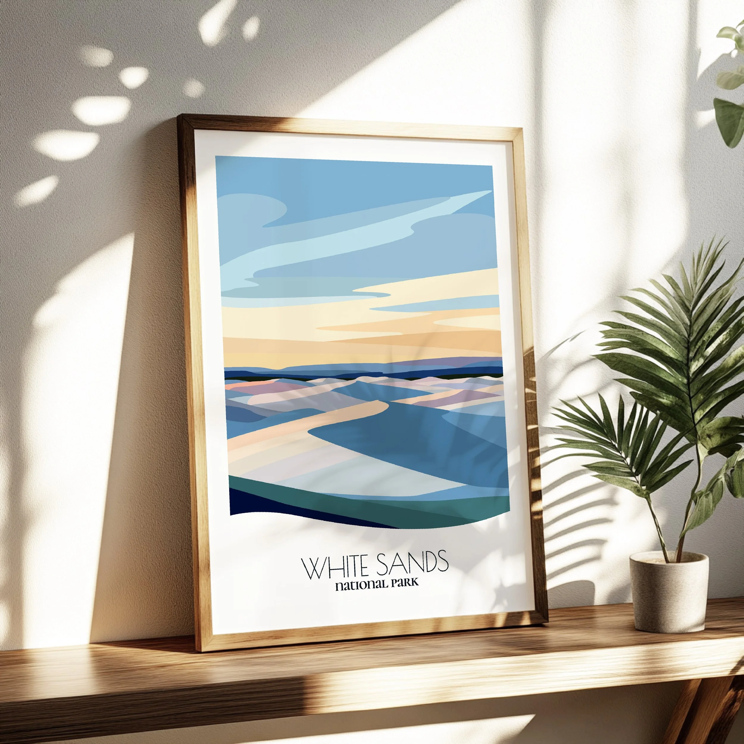 Living room wall decor featuring White Sands National Park in neutral tones for modern interiors.