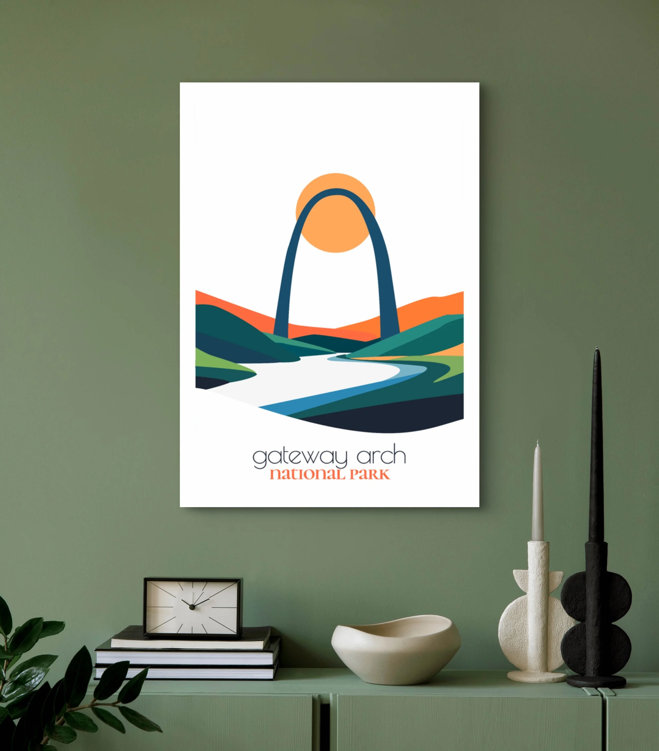 Modern Gateway Arch travel print for minimalist home office decor