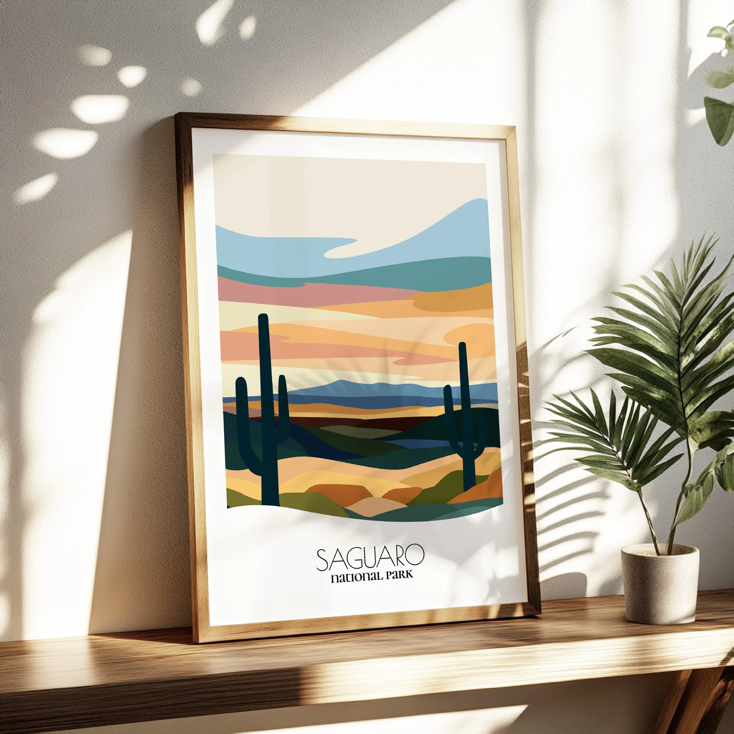 Living room wall decor featuring Saguaro National Park in neutral tones for modern interiors.