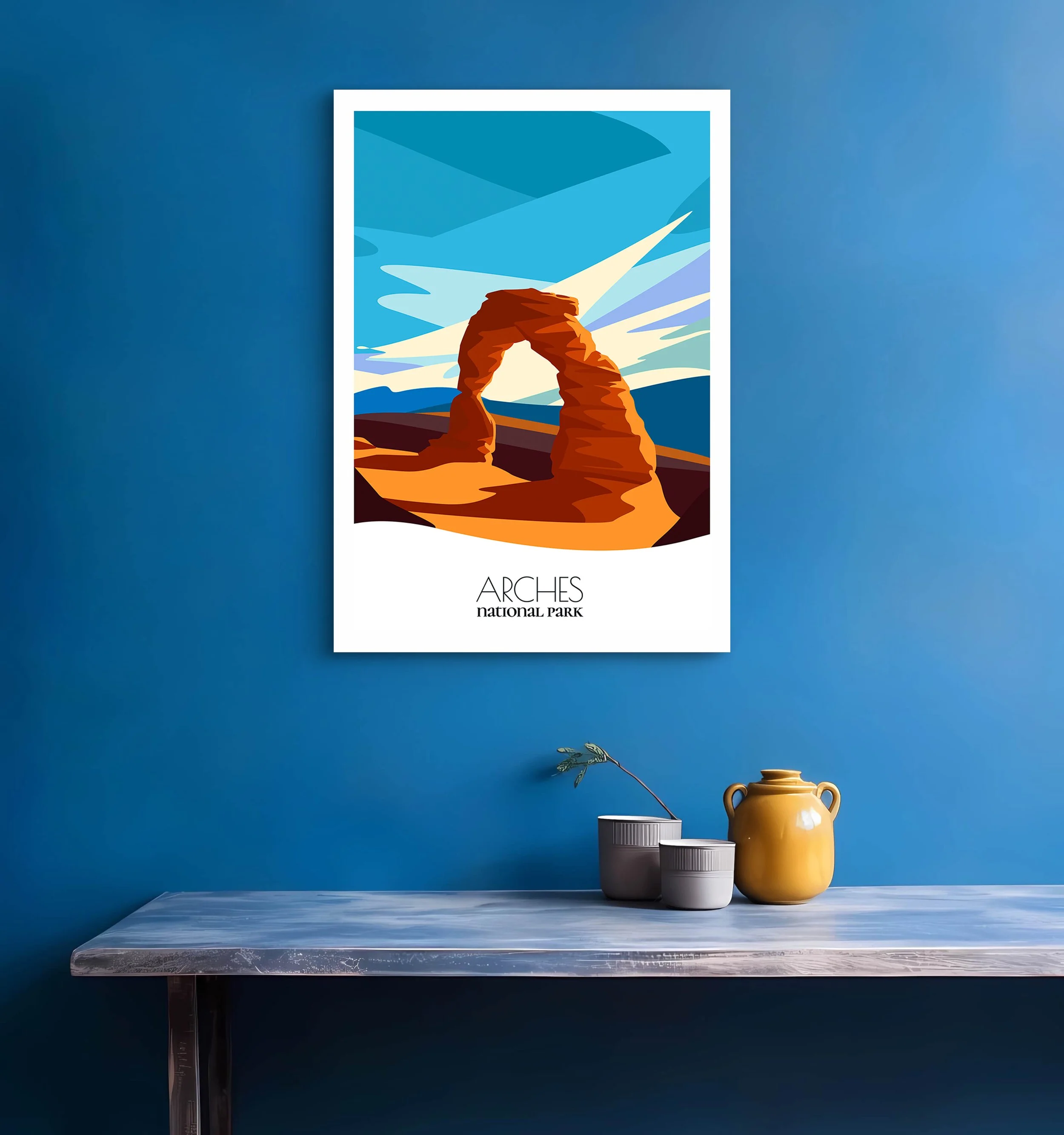 Bedroom print of Arches National Park with calming minimalist composition for Utah homes.