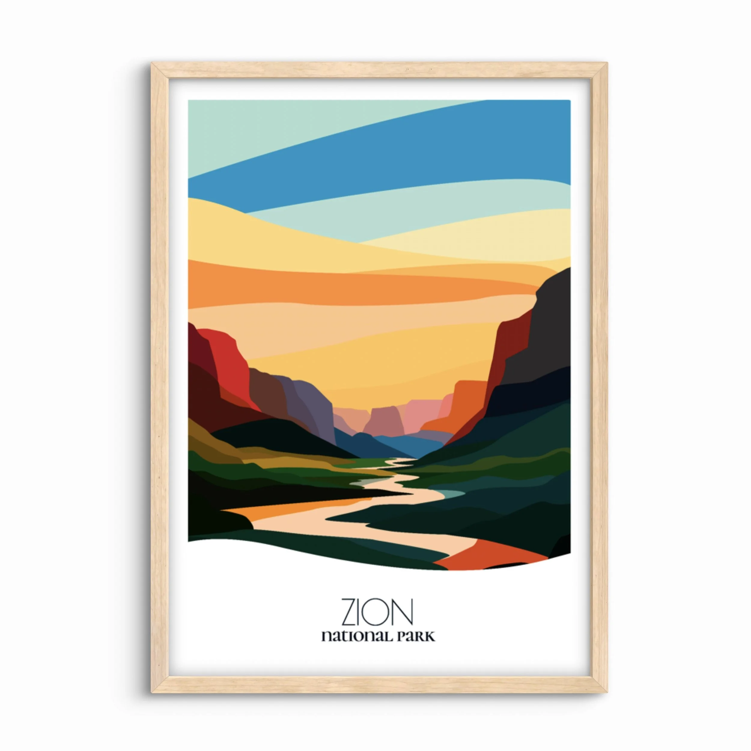 Minimalist travel poster of Zion National Park, perfect gift for visitors in Utah.
