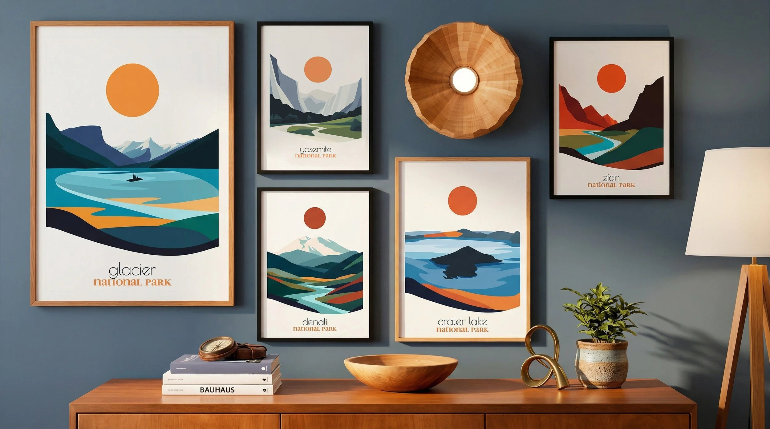 Minimalist abstract Yosemite, Glacier, Crater Lake and Zion National Park posters in living room. Clean bold nature wall art set.