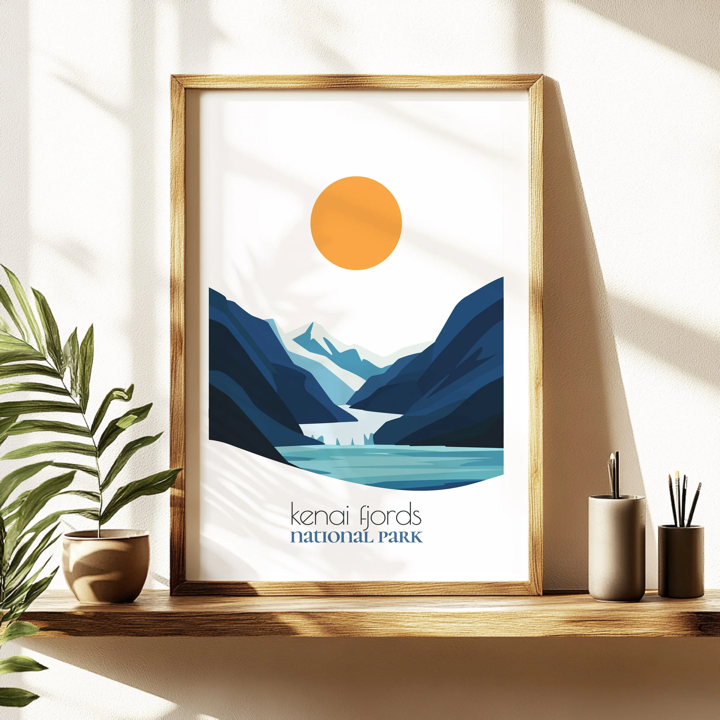 kenai fjords travel poster in a minimalist living room design