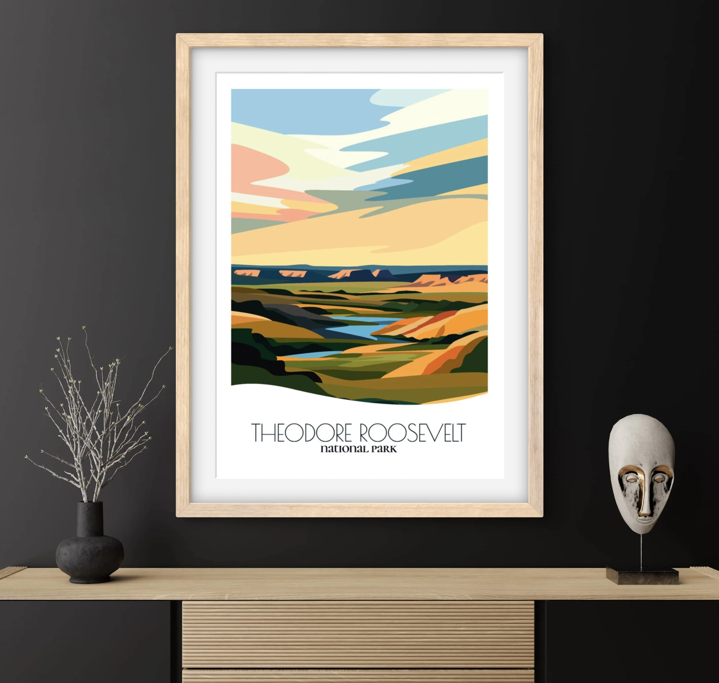 Travel gift idea: framed poster of Theodore Roosevelt National Park, ideal for adventure lovers.