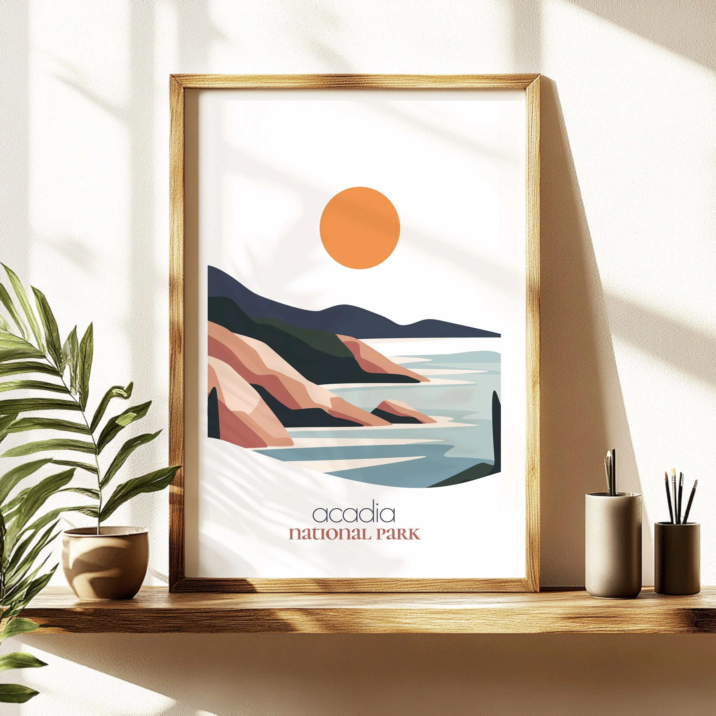 Acadia travel poster in a minimalist living room design