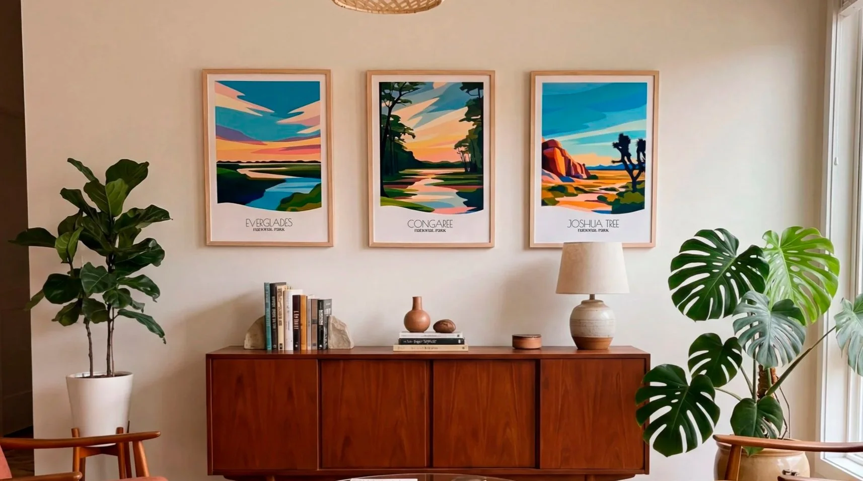 A living room wall with three framed landscape art prints featuring colorful nature scenes from national parks, including Everglades, Congaree, and Joshua Tree. There is a wooden sideboard beneath the prints, with books, decorative objects, and a lamp. Two large houseplants, one on each side of the sideboard, are also visible.