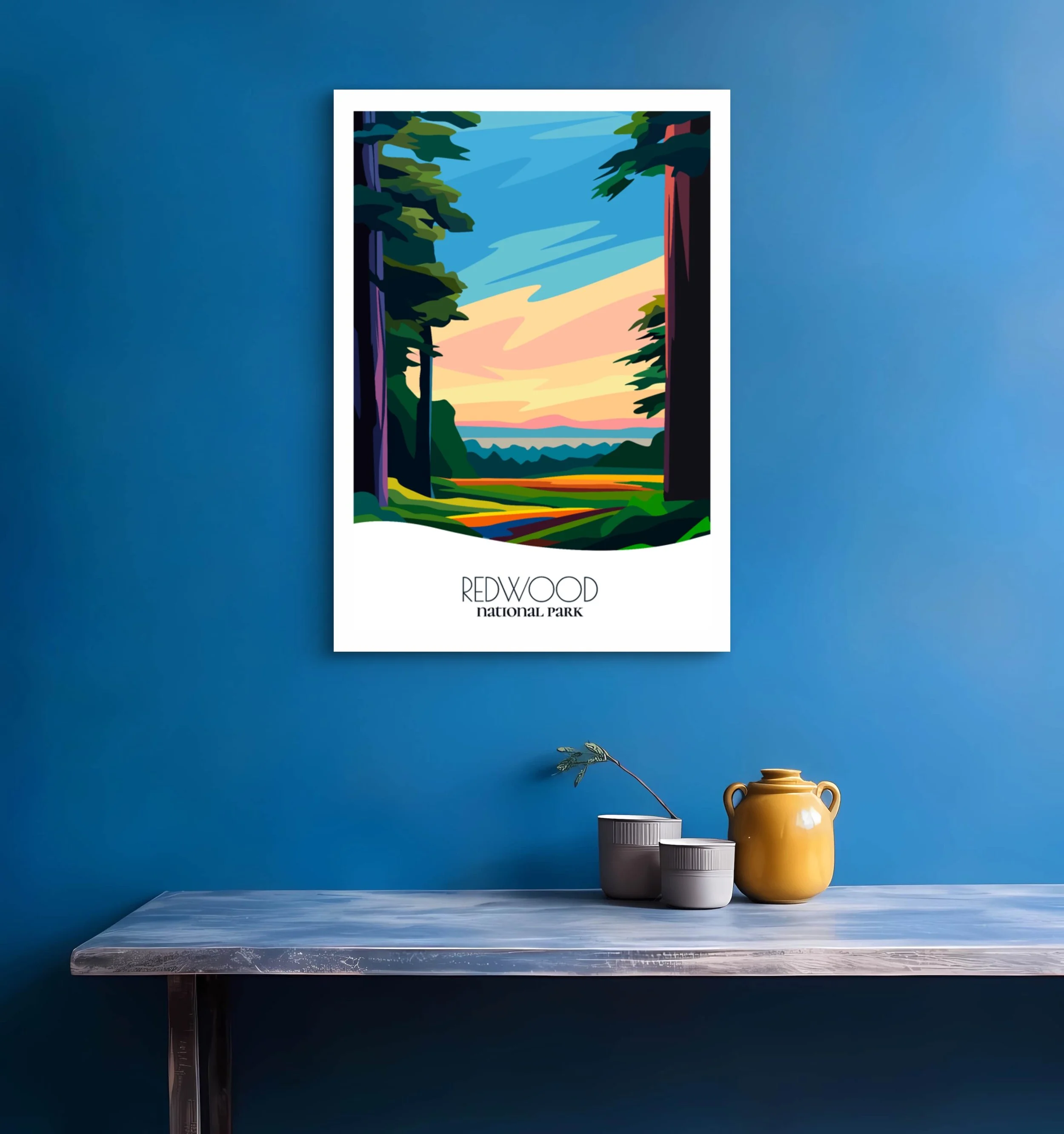 Travel gift idea: framed poster of Redwood, ideal for adventure lovers.