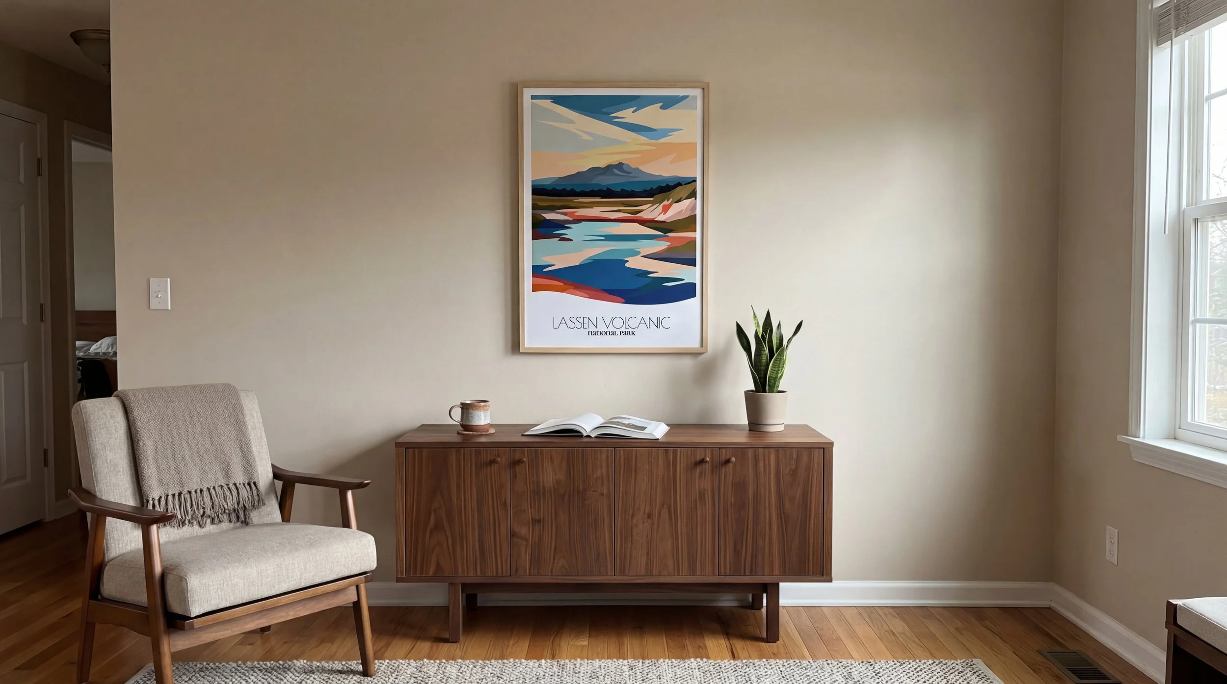 Living room with beige walls, and Lassen Volcanic National Park Poster, Travel poster by Retravell.