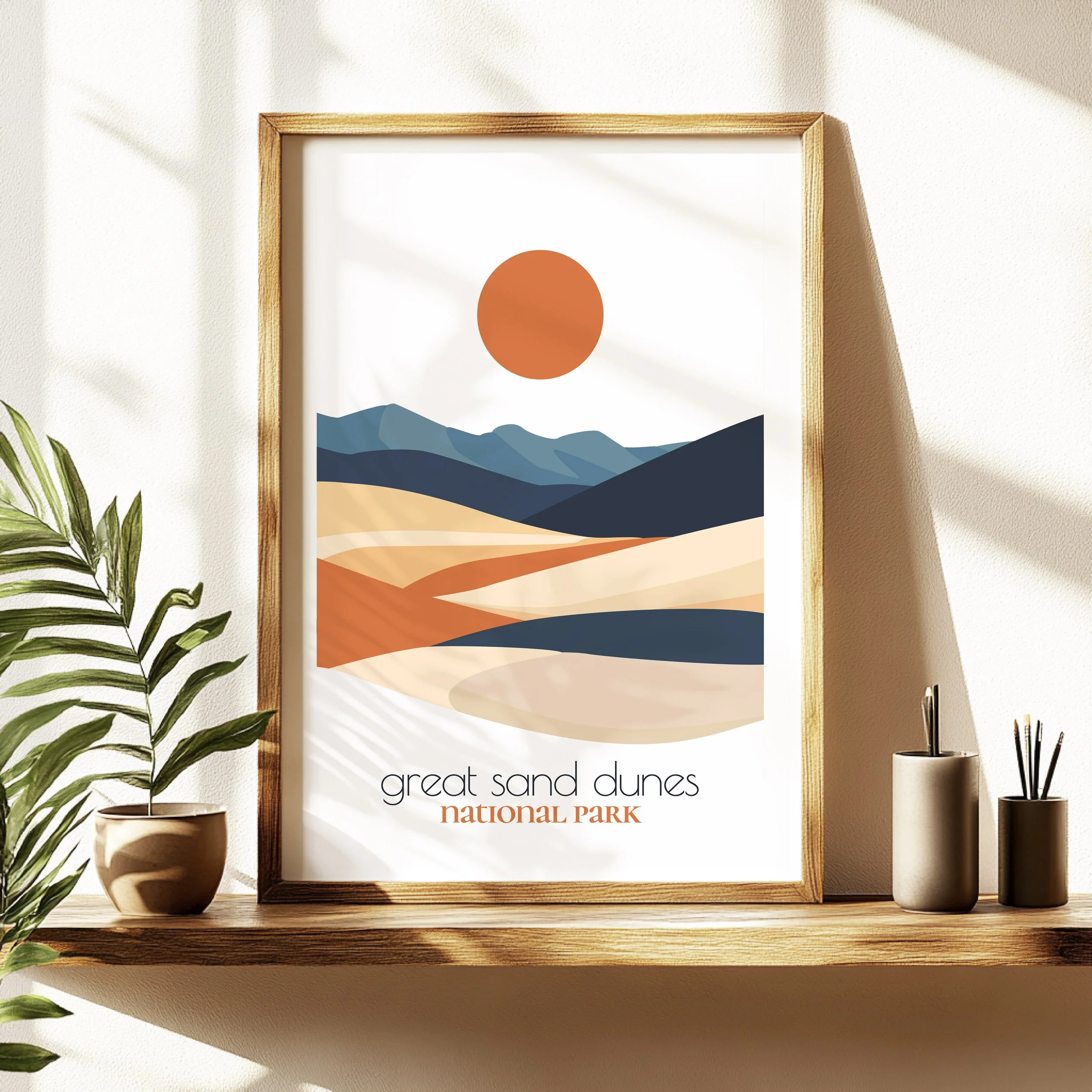 great sand dunes travel poster in a minimalist living room design