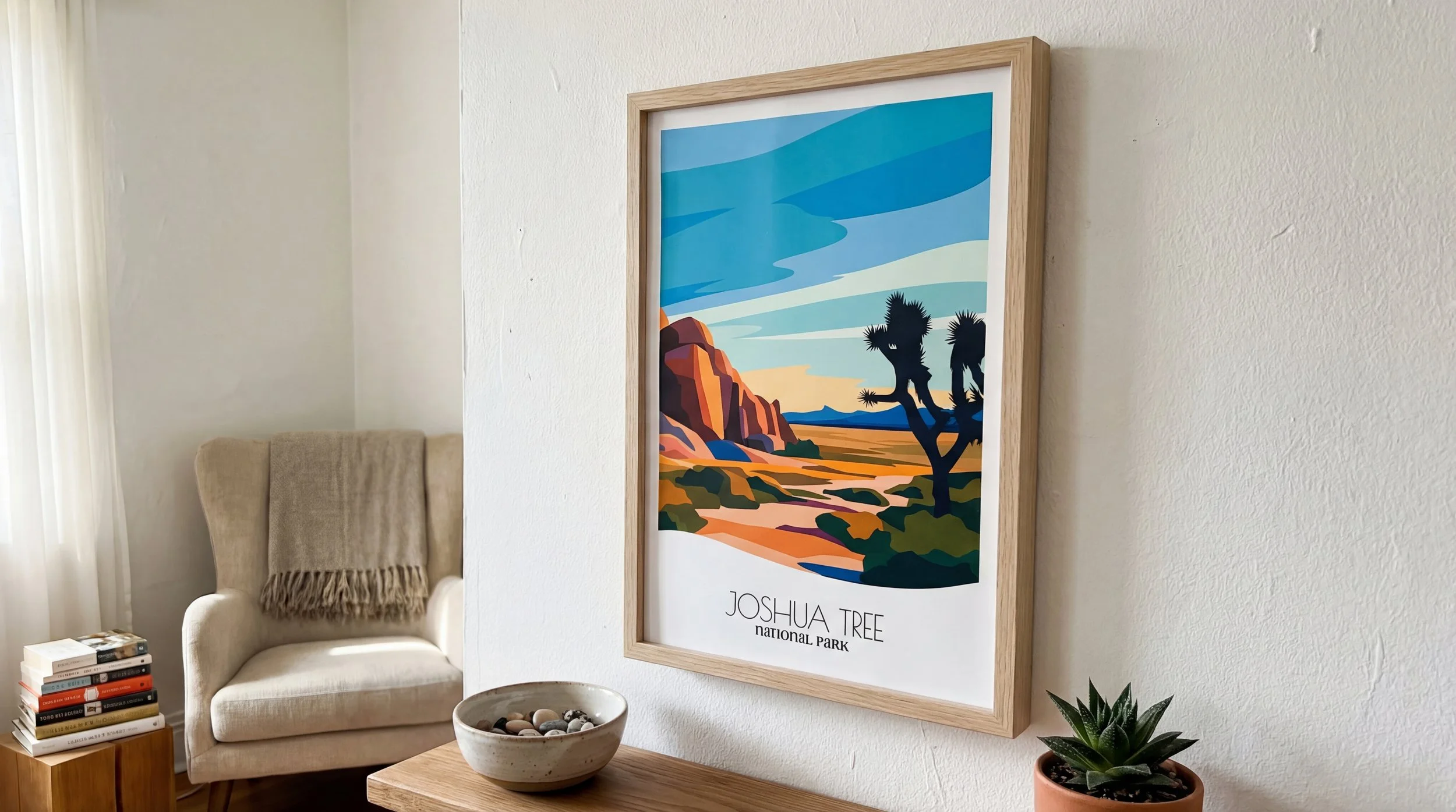 Minimalist abstract Joshua Tree National Park poster in mid century modern living room. Clean bold desert wall art.