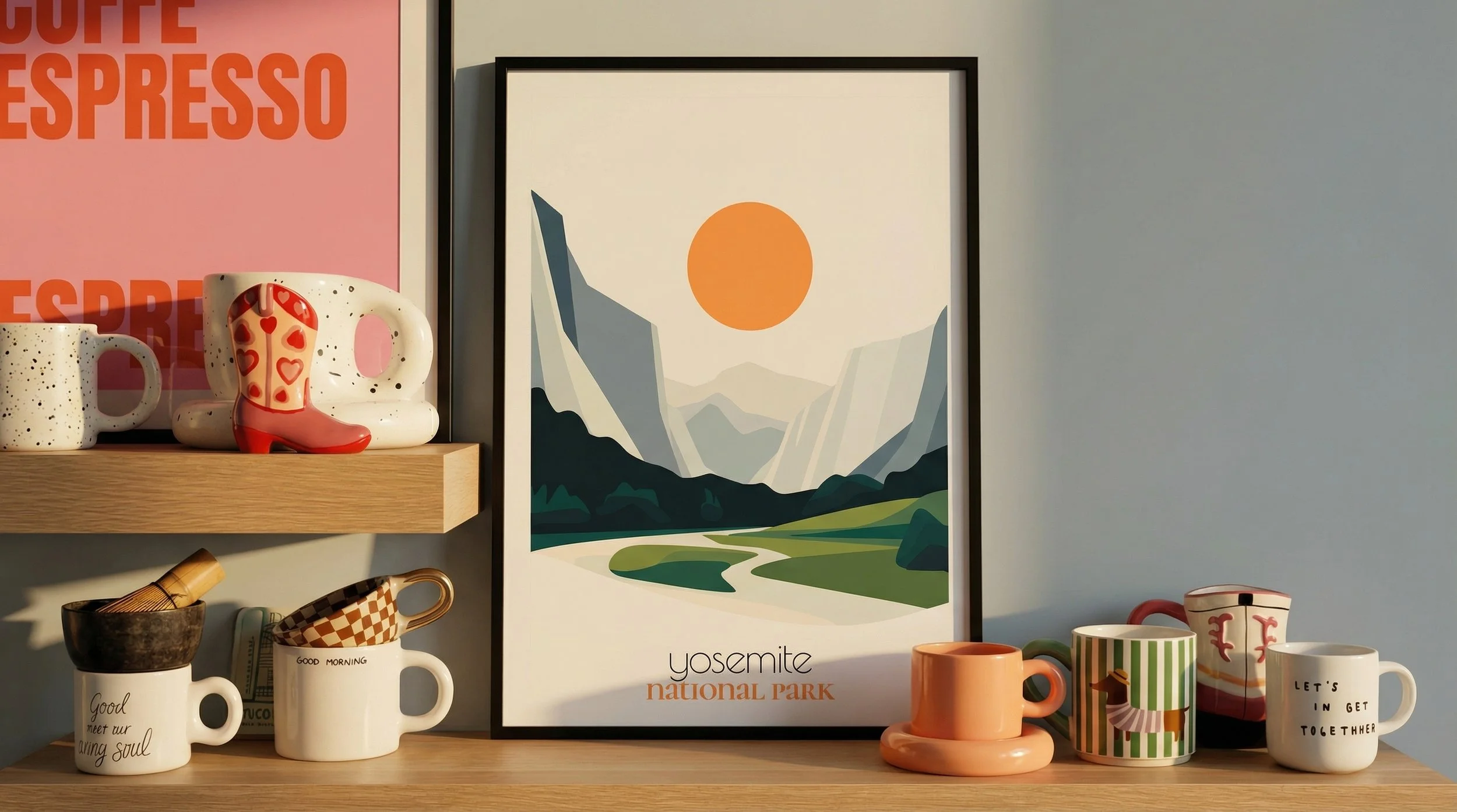 Minimalist abstract Yosemite National Park poster on living room shelf. Clean bold mountain wall art.