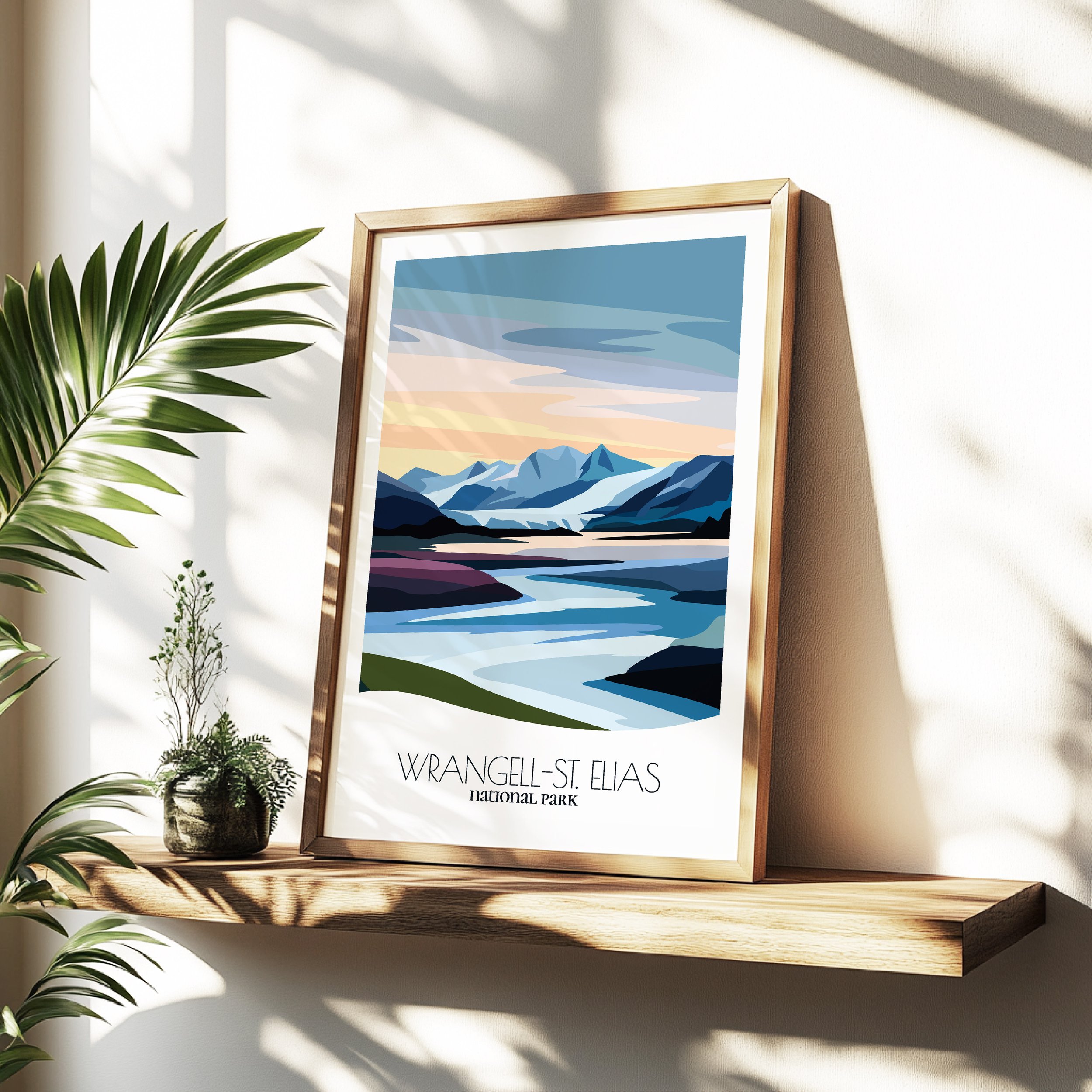 Minimalist travel poster of Wrangell St. Elias National Park and Preserve with clean modern design for travelers.