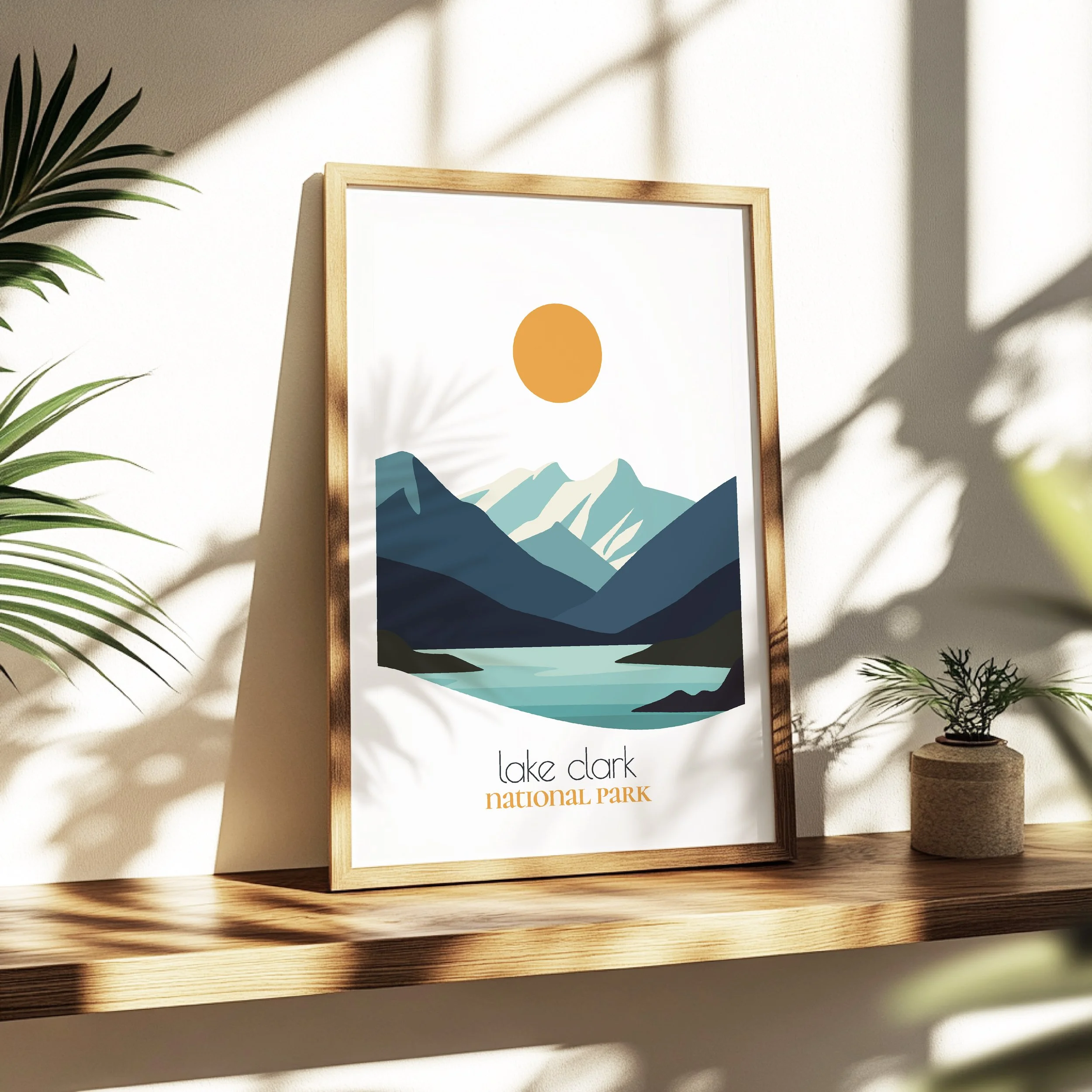 Modern Lake Clark travel print for minimalist home office decor