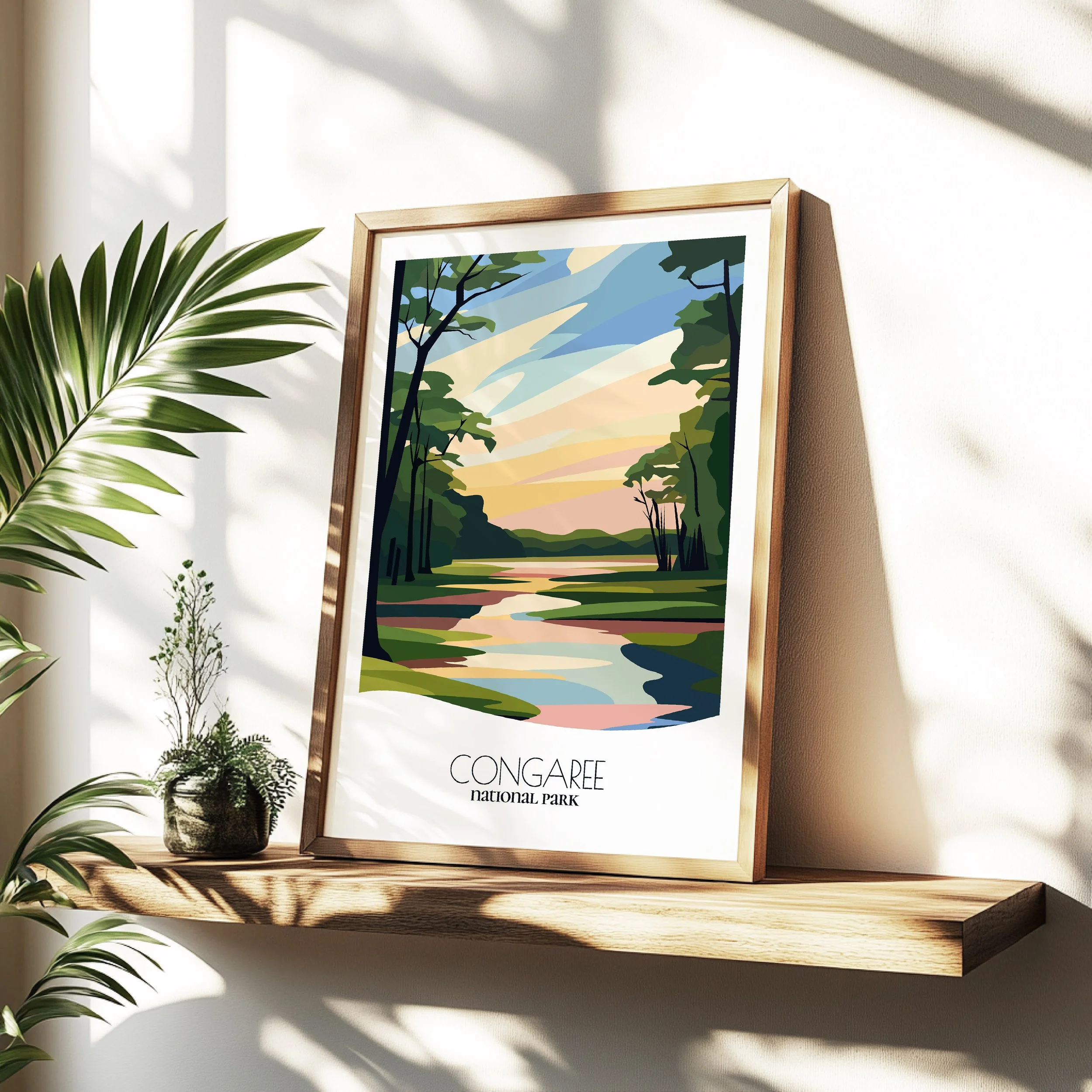 Minimalist travel poster of Congaree National Park with clean modern design for travelers.