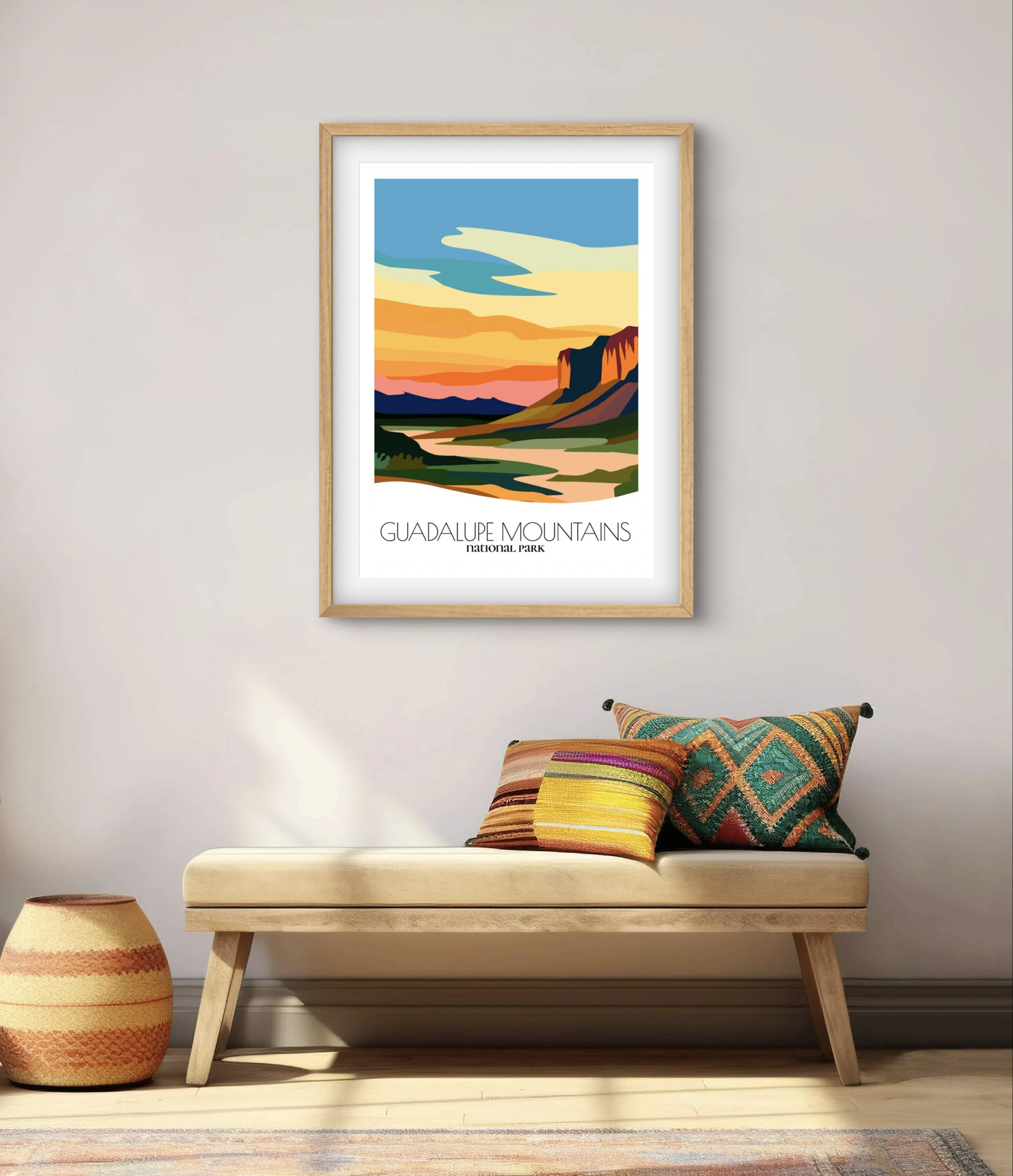 Modern minimalist art of Guadalupe Mountains National Park, versatile decor for home and office.