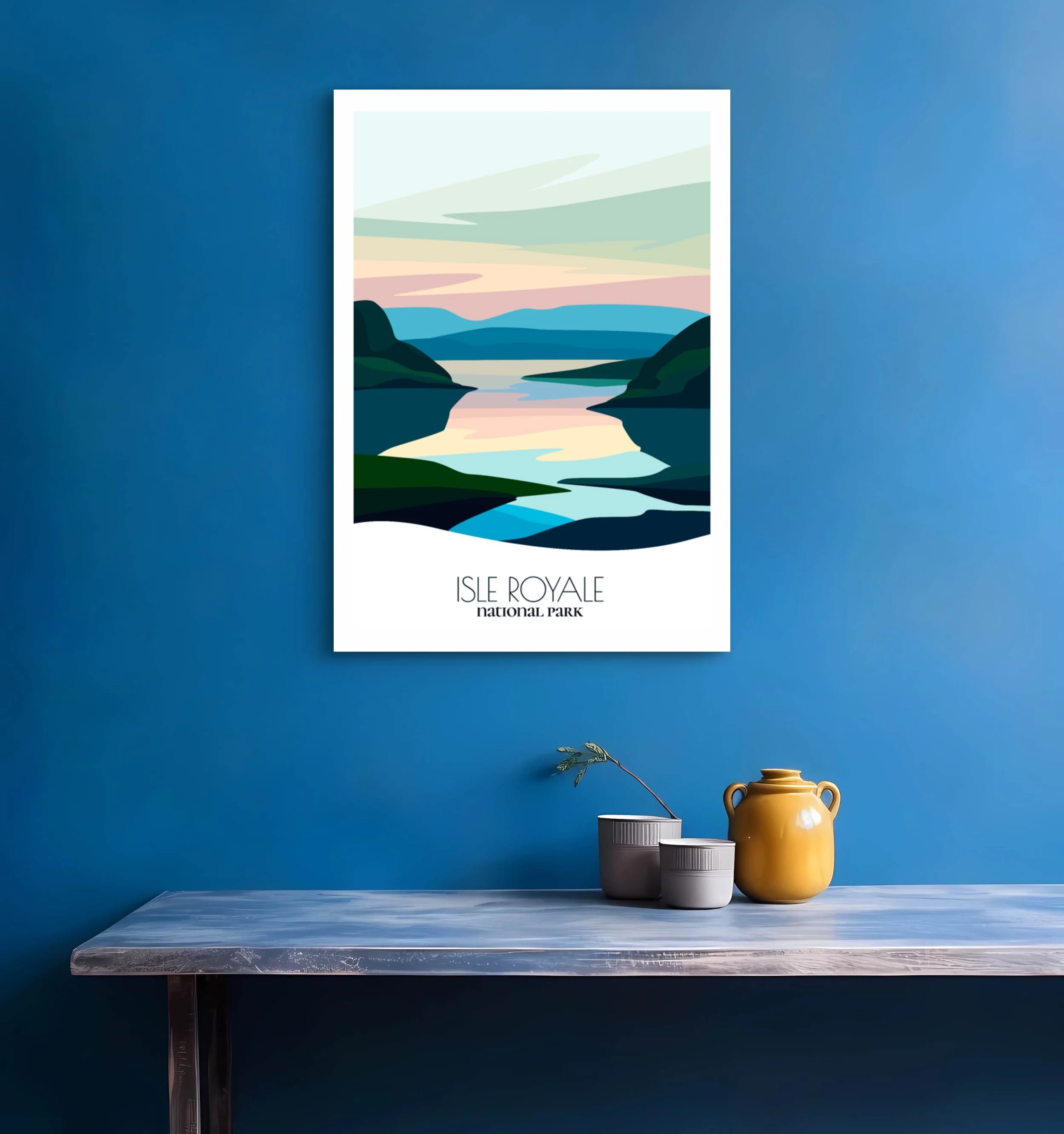 Bedroom print of Isle Royale National Park with calming minimalist composition for Michigan homes.