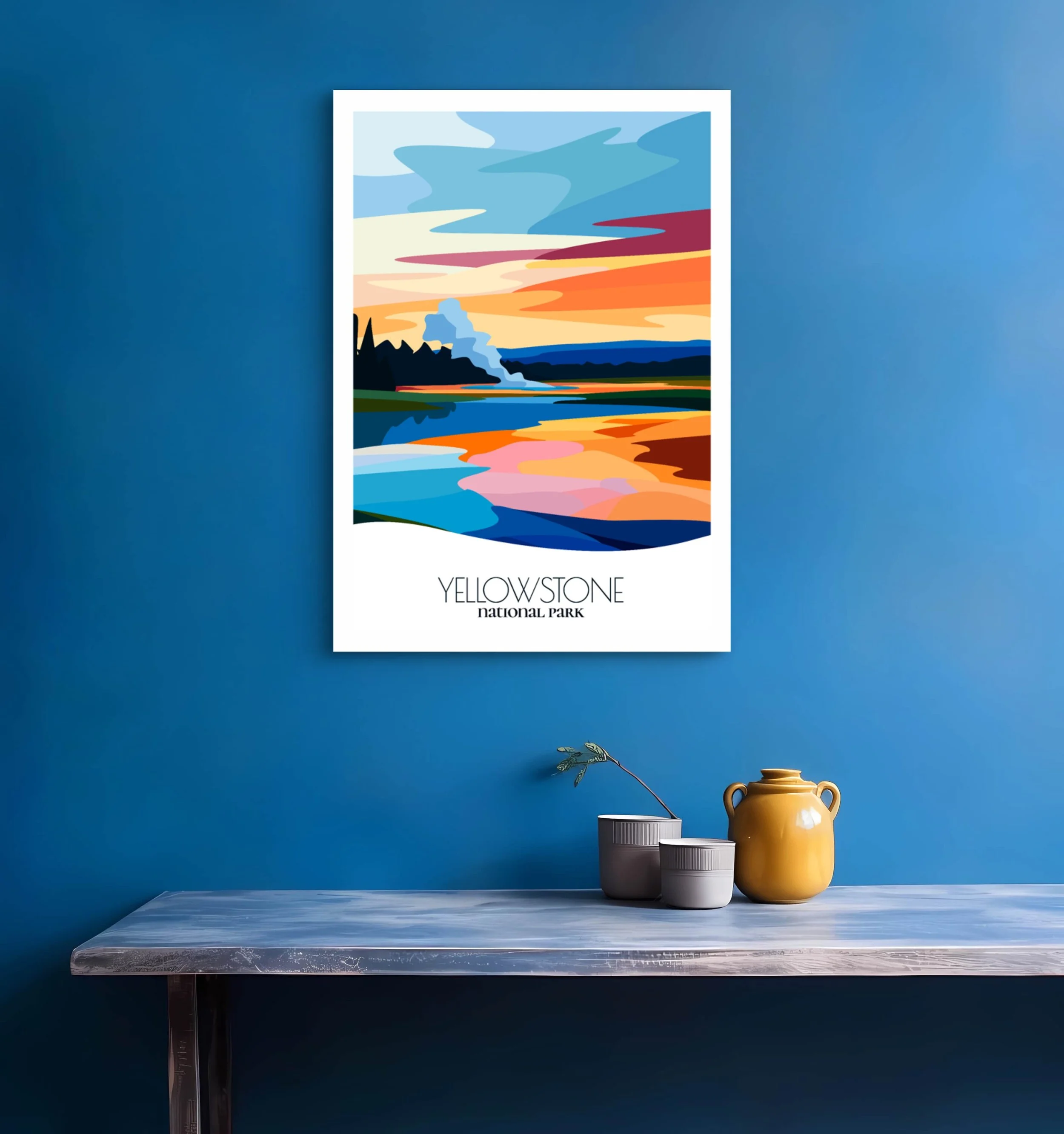 Bedroom print of Yellowstone National Park with calming minimalist composition for Wyoming homes.