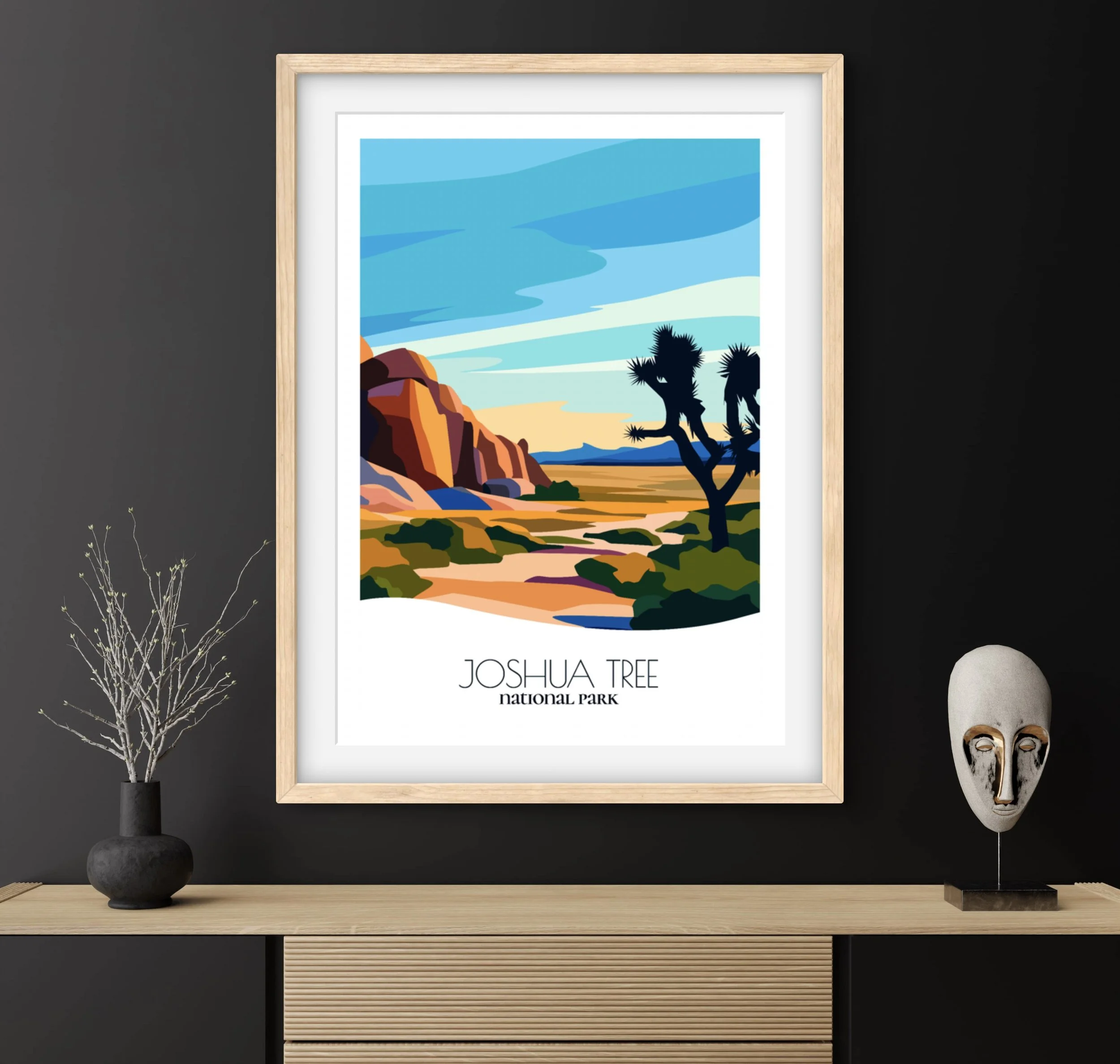 Travel gift idea: framed poster of Joshua Tree National Park, ideal for adventure lovers.
