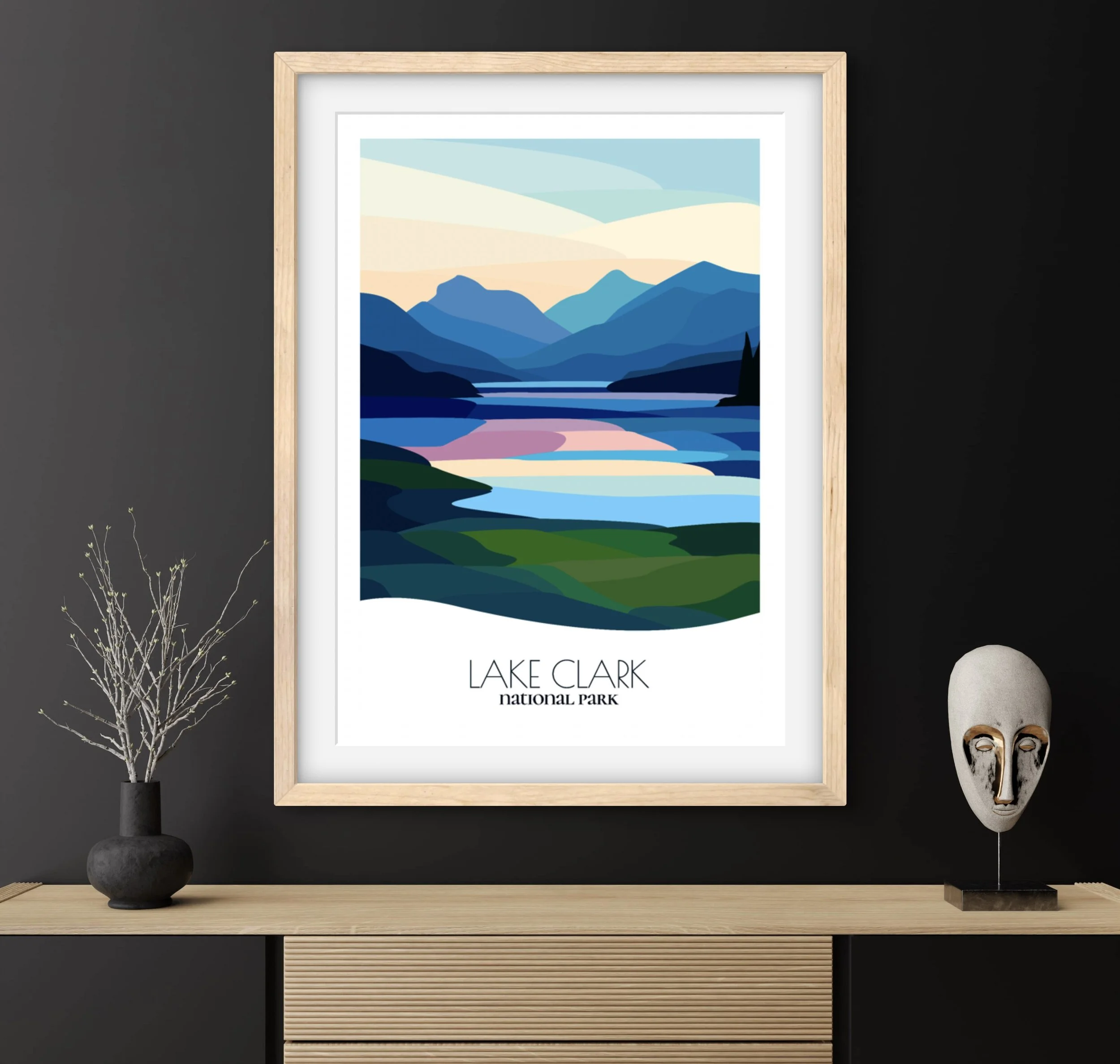 Travel gift idea: framed poster of Lake Clark National Park, ideal for adventure lovers.