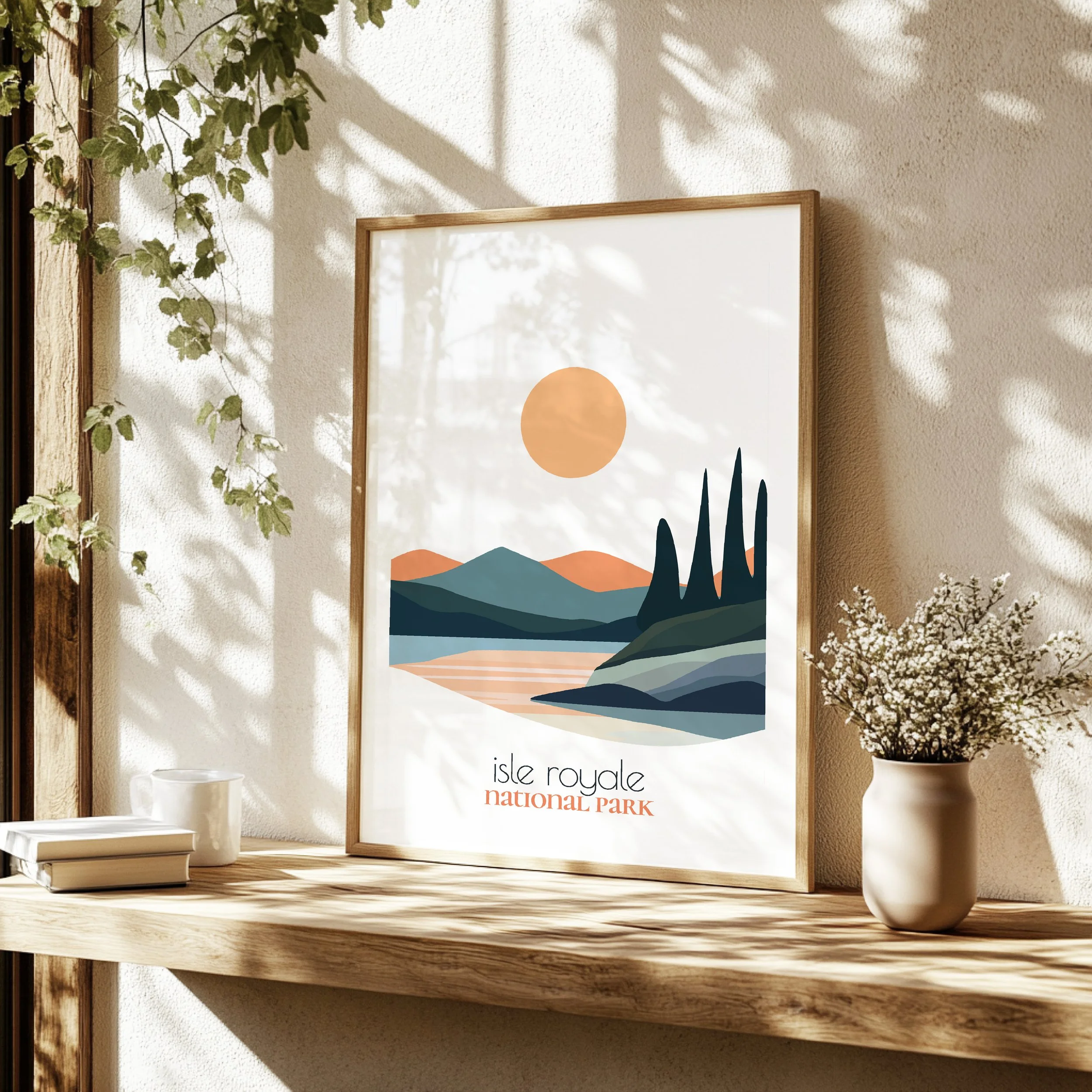 Detailed view of Isle Royale travel print - minimalist flat abstract print quality