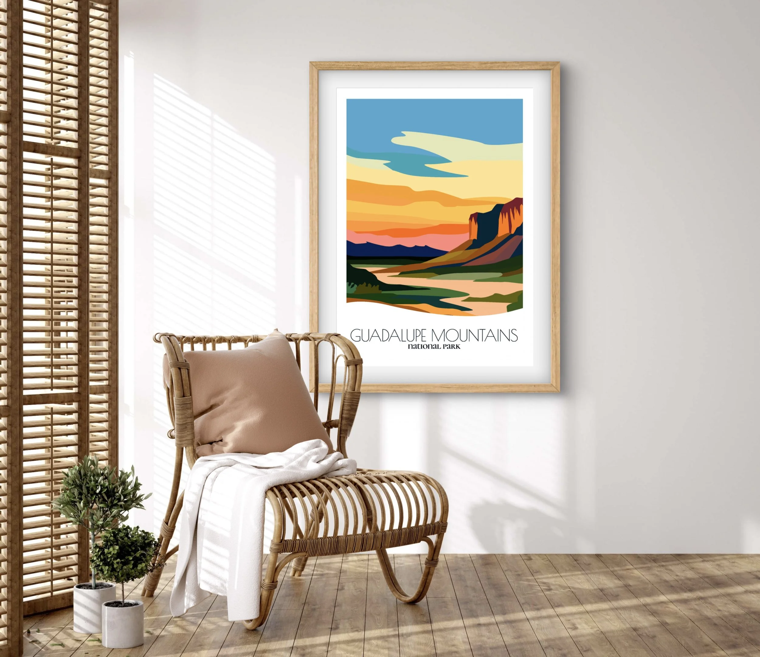 Retravell minimalist poster of Guadalupe Mountains National Park, branded travel art for collectors and fans.