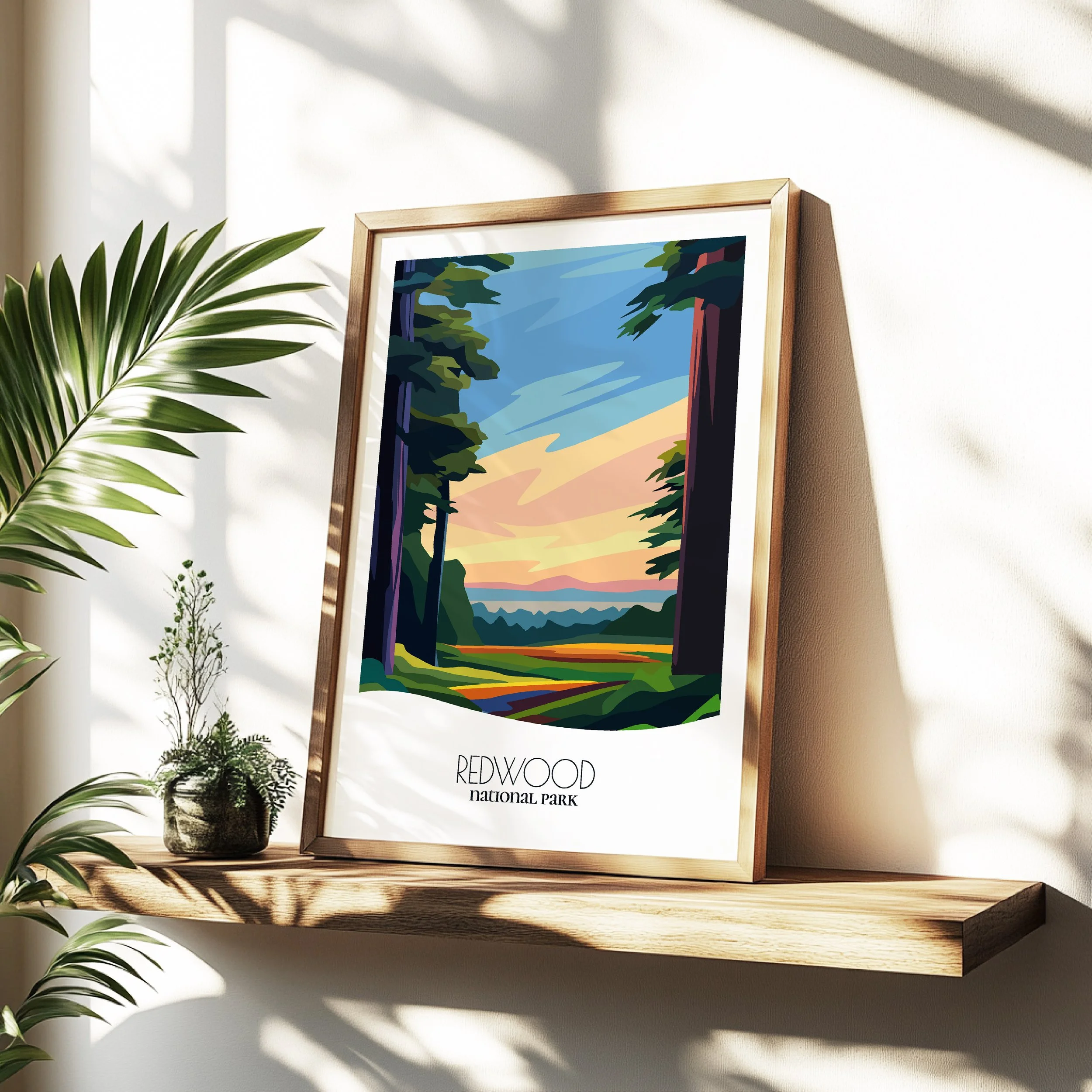 Minimalist travel poster of Redwood with clean modern design for travelers.