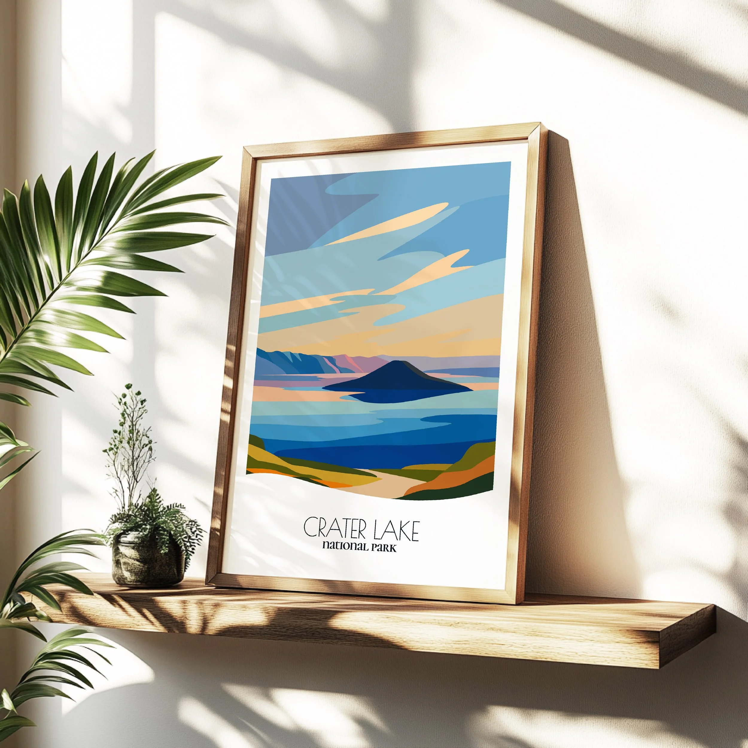 Minimalist travel poster of Crater Lake National Park with clean modern design for travelers.
