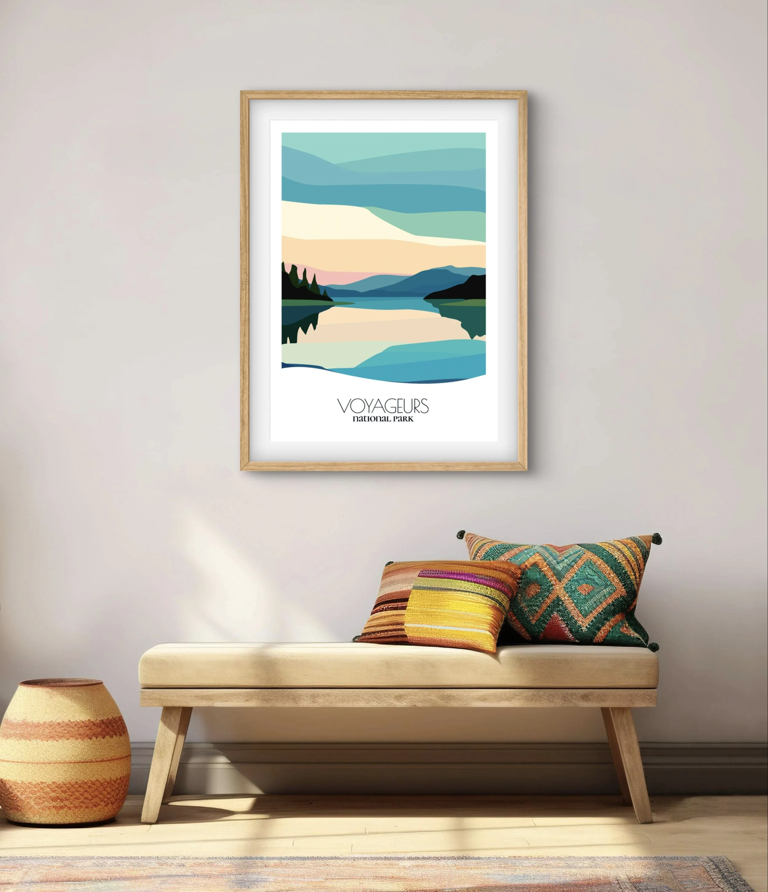 Modern minimalist art of Voyageurs National Park, versatile decor for home and office.