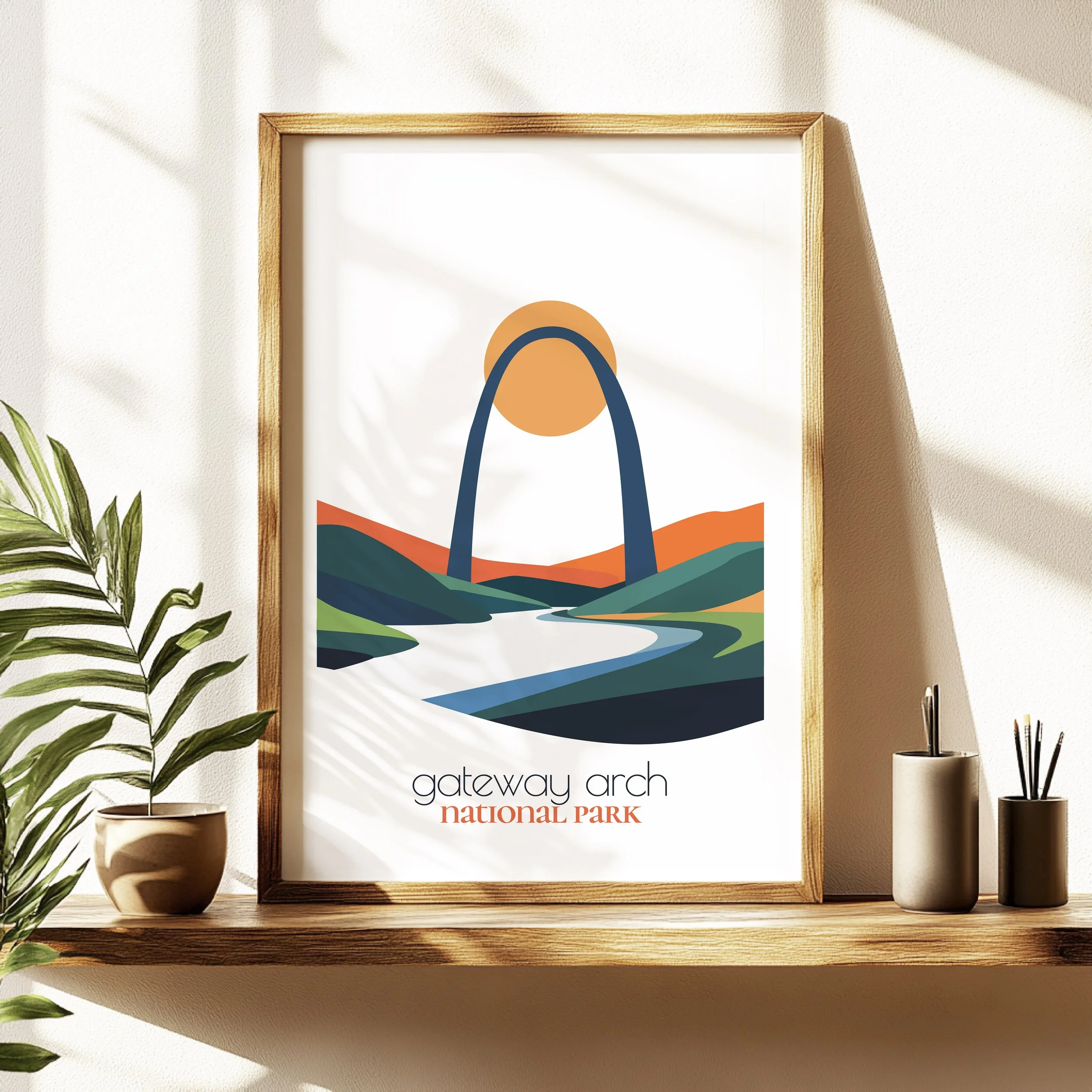 Gateway Arch travel poster in a minimalist living room design