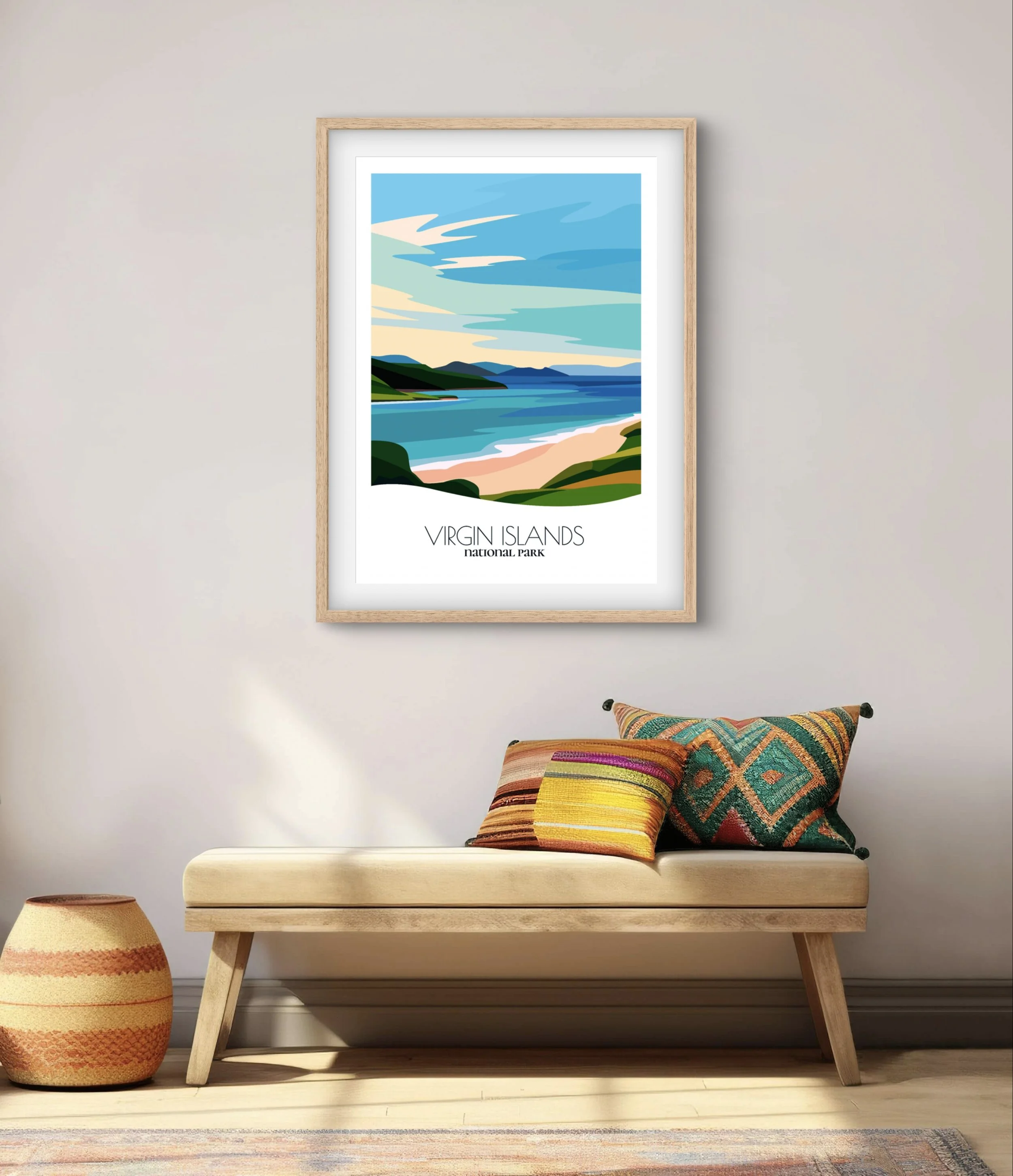 Modern minimalist art of Virgin Islands National Park, versatile decor for home and office.