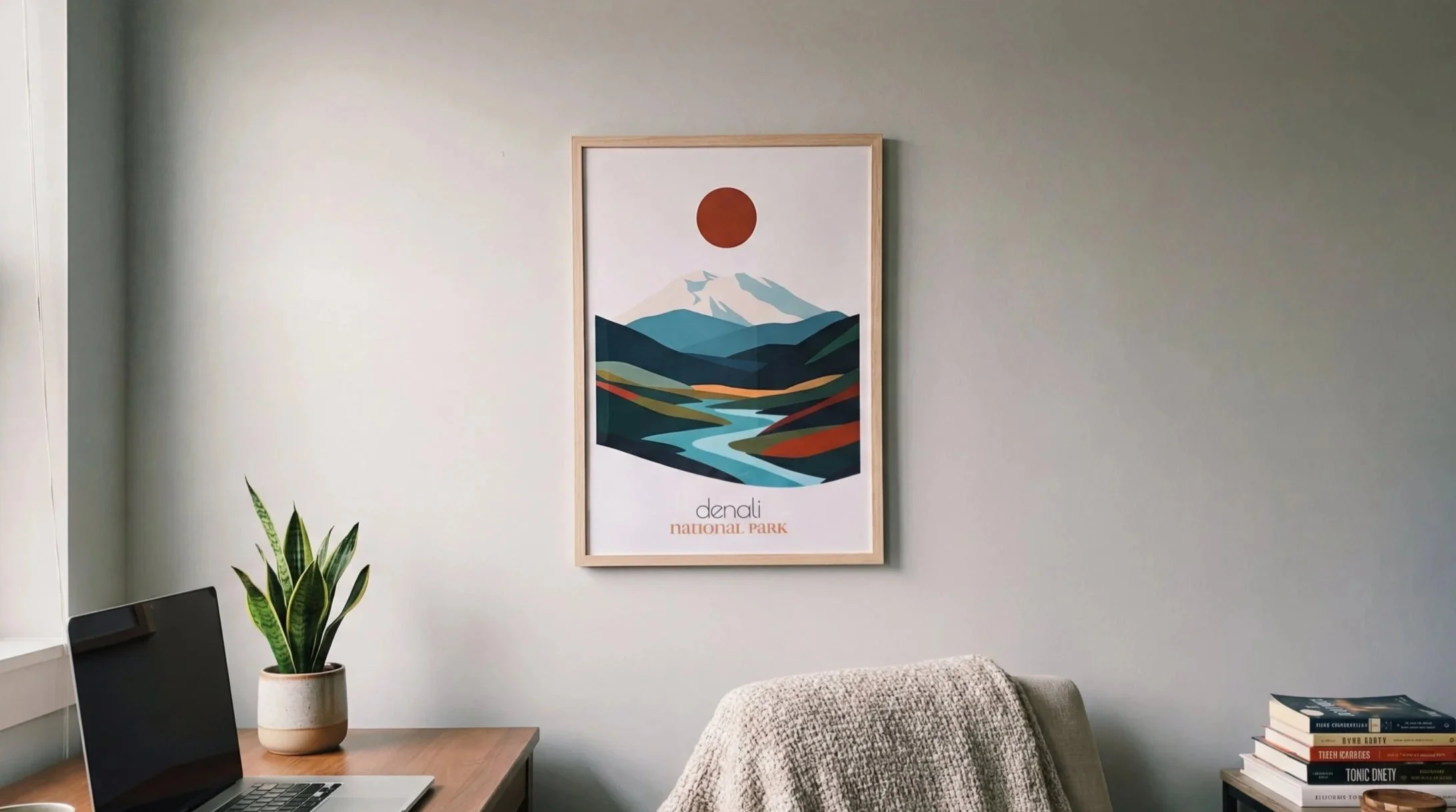Minimalist abstract Denali National Park poster at mid century modern workspace. Clean bold mountain wall art.