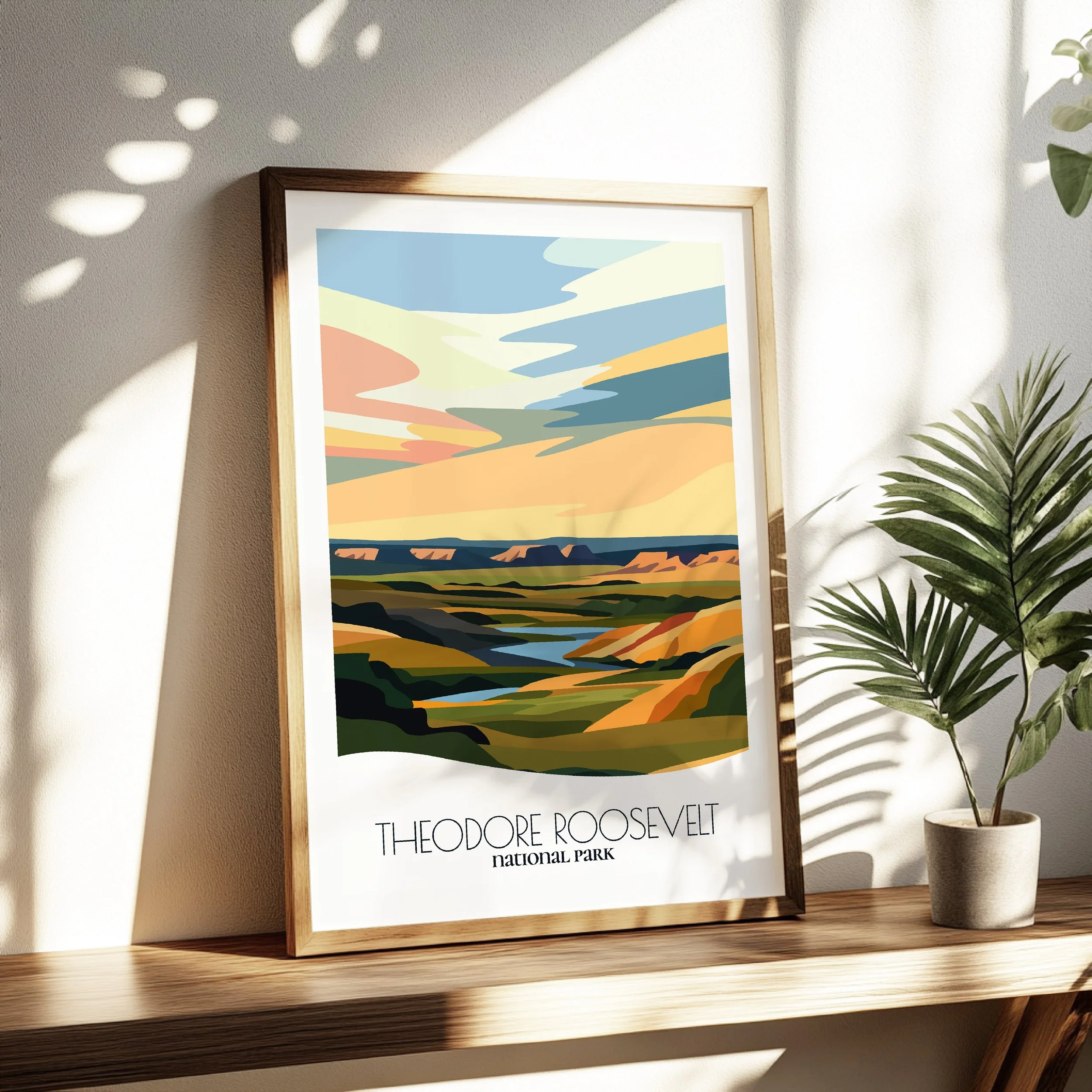 Living room wall decor featuring Theodore Roosevelt National Park in neutral tones for modern interiors.