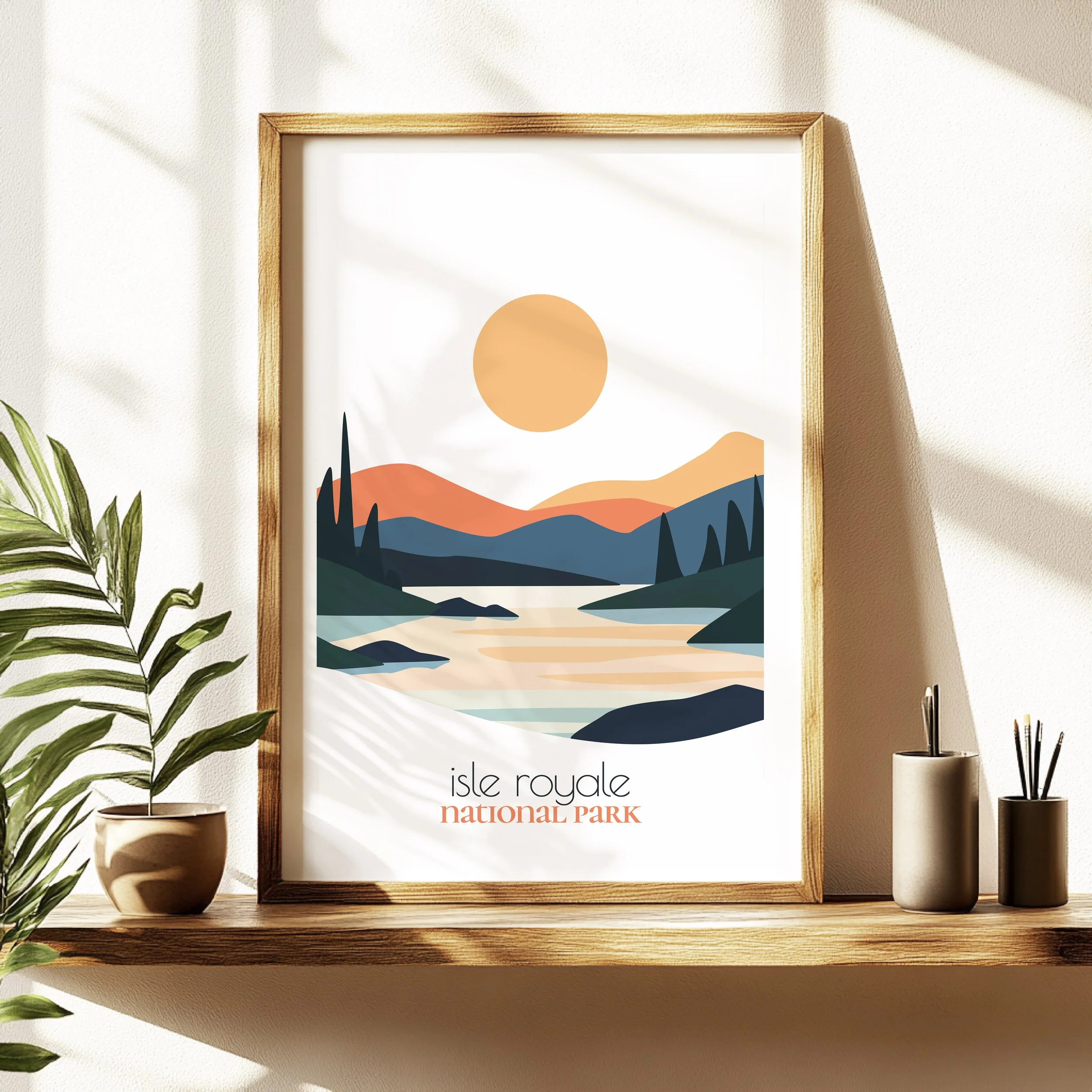 Isle Royale travel poster in a minimalist living room design