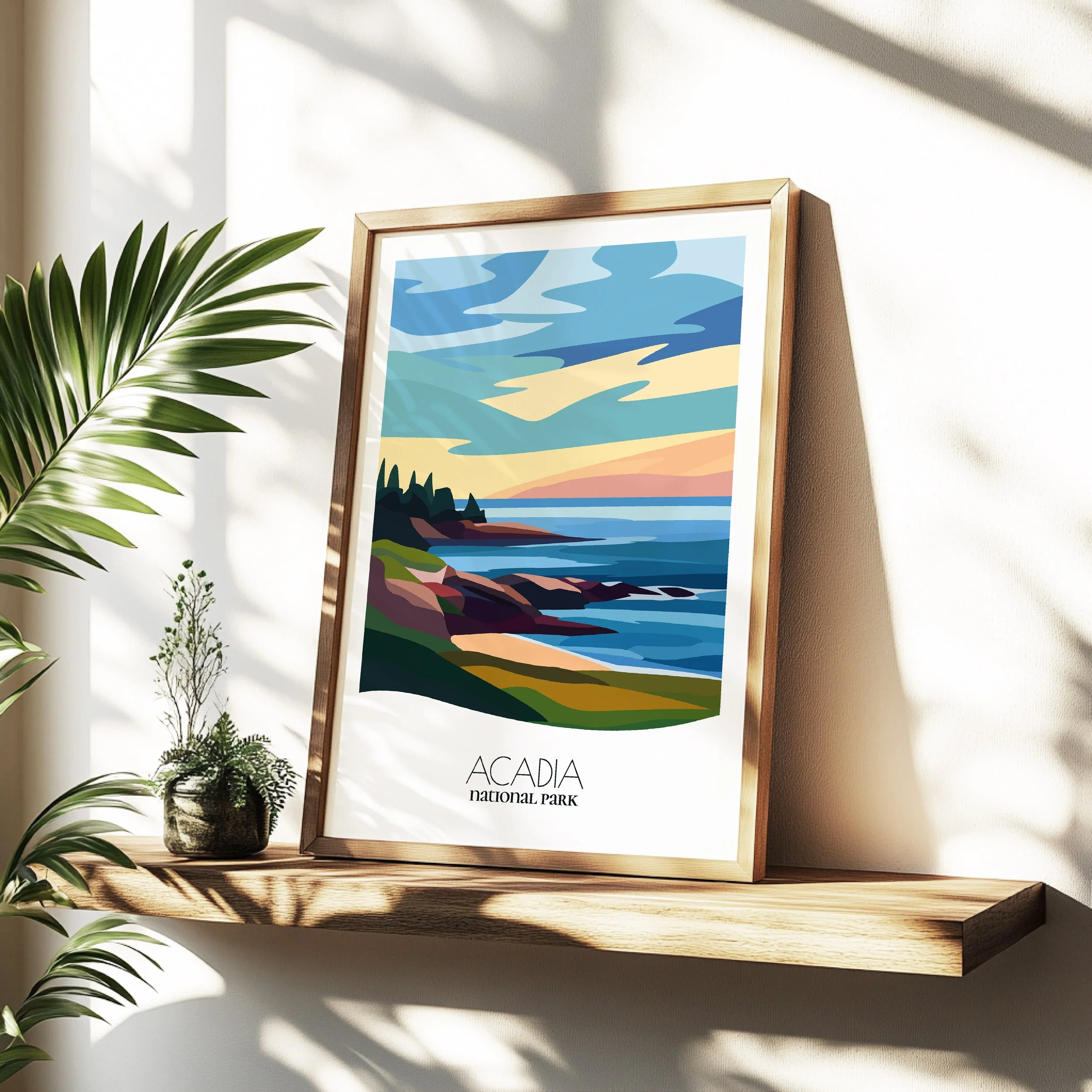 Minimalist travel poster of Acadia National Park with clean modern design for travelers.