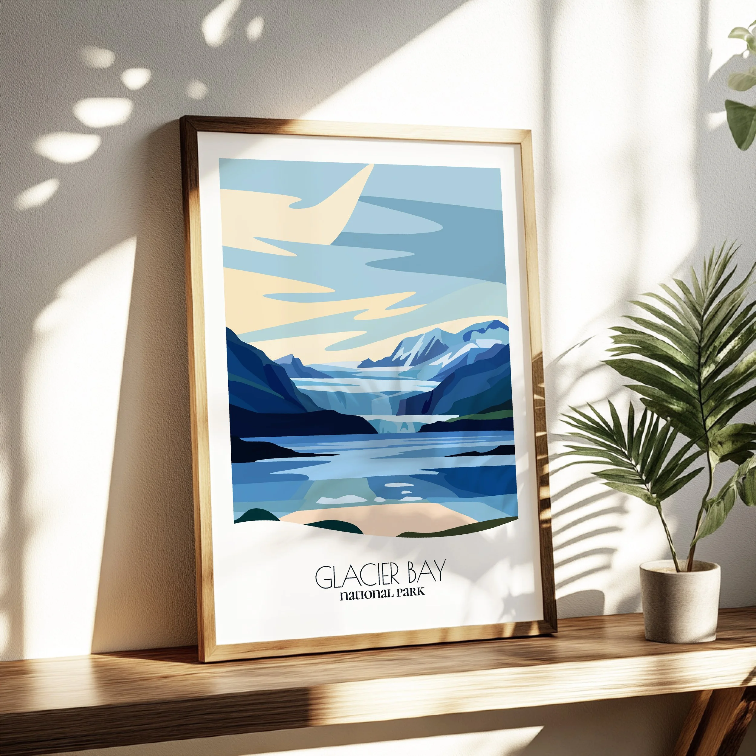 Living room wall decor featuring Glacier Bay National Park in neutral tones for modern interiors.