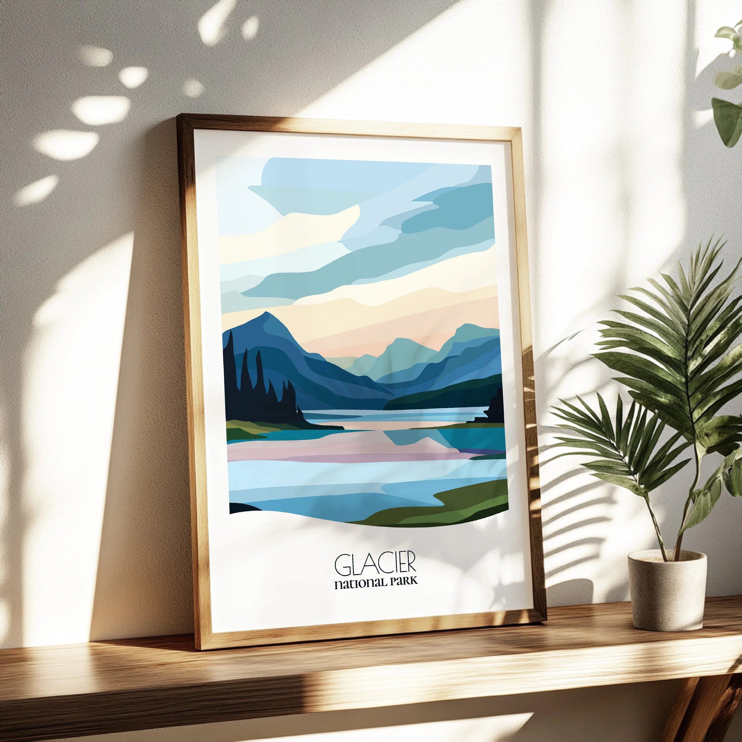 Living room wall decor featuring Glacier National Park in neutral tones for modern interiors.