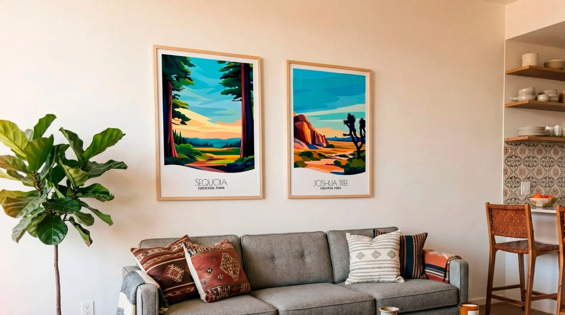 Living room with a gray sofa, striped and patterned pillows, a large green houseplant, two framed landscape posters on the wall, and a wooden bar stool next to a shelf with white dishes.