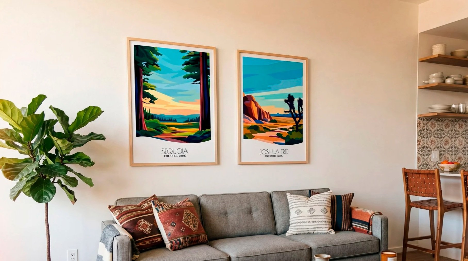 Minimalist Sequoia and Joshua Tree National Park posters in modern 20th century living room. Clean wall art with trees and desert landscape.