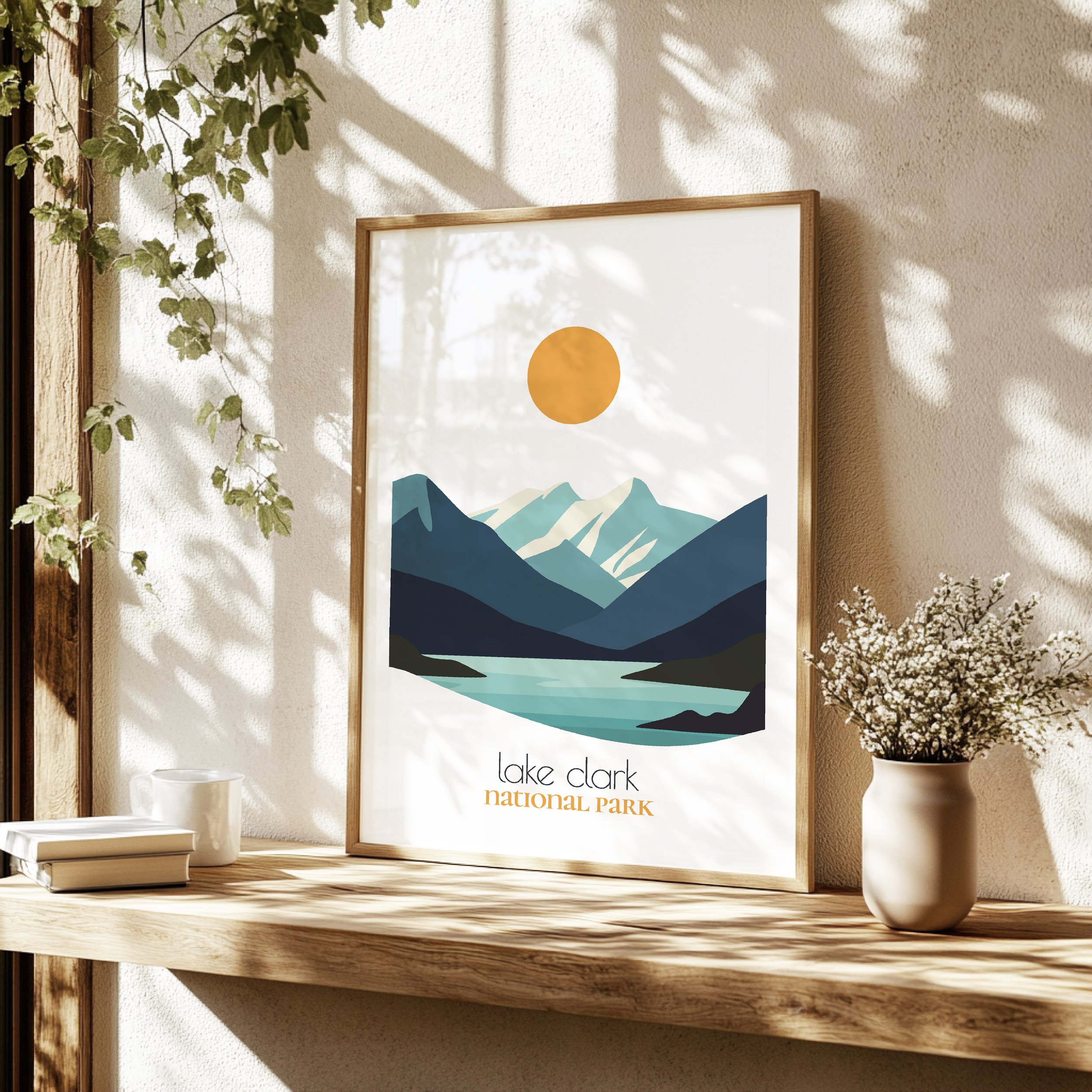 Detailed view of Lake Clark travel print - minimalist flat abstract print quality