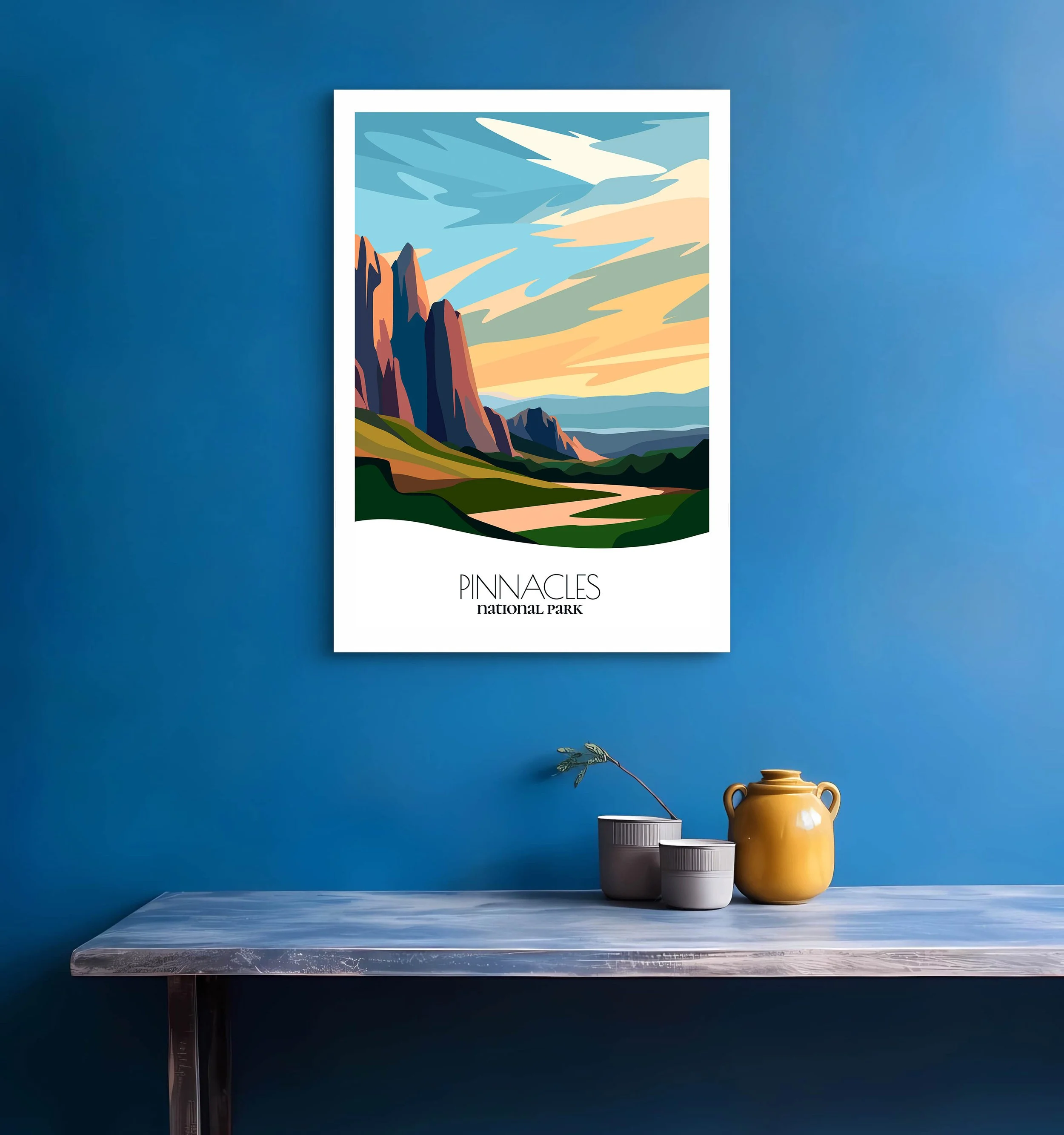 Bedroom print of Pinnacles with calming minimalist composition for California homes.