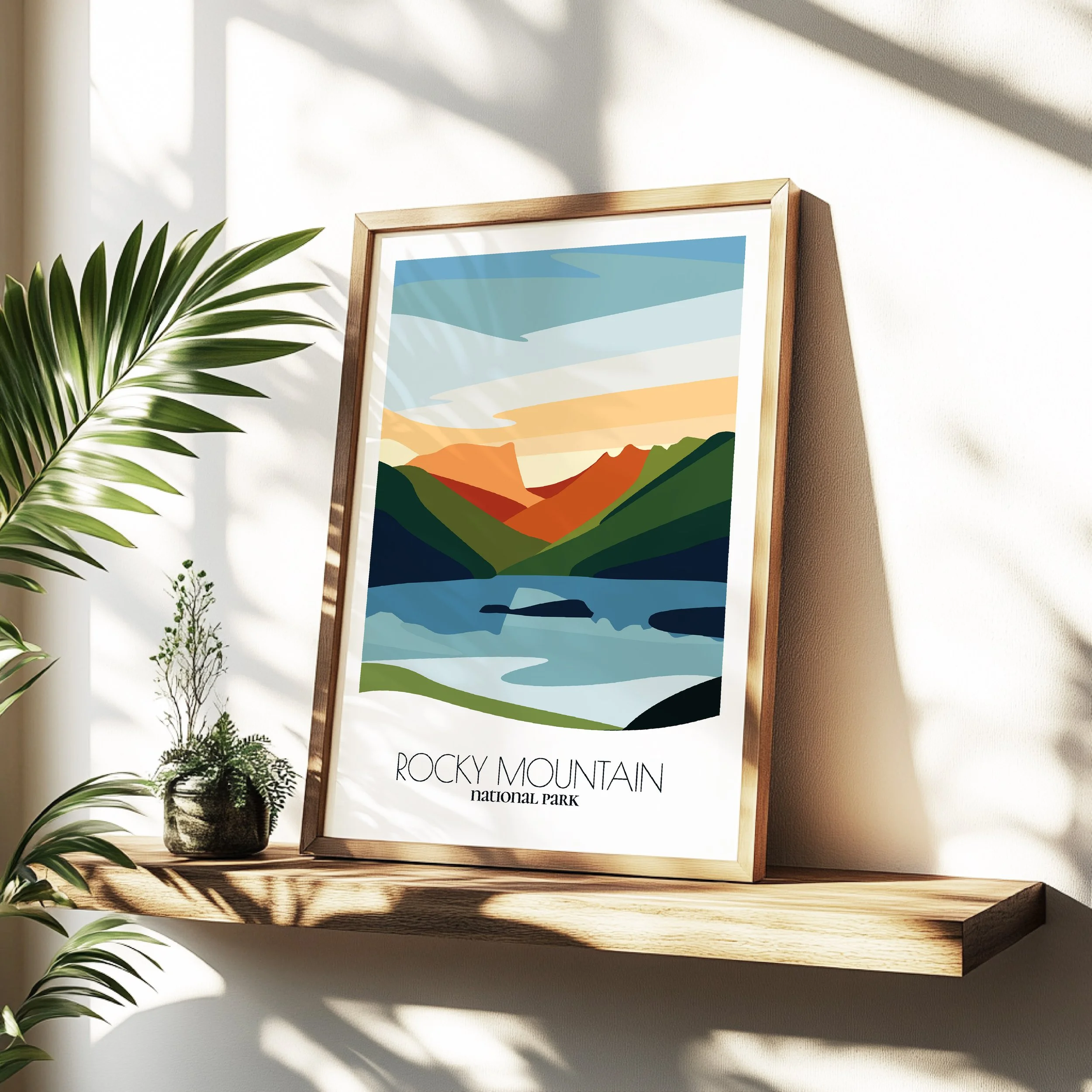 Minimalist travel poster of Rocky Mountain National Park with clean modern design for travelers.