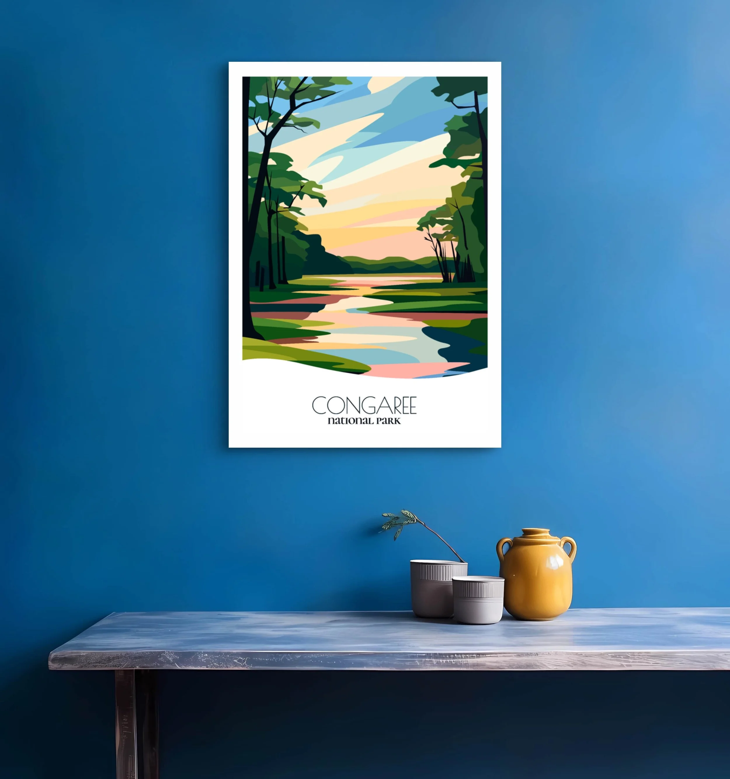 Bedroom print of Congaree National Park with calming minimalist composition for South Carolina homes.