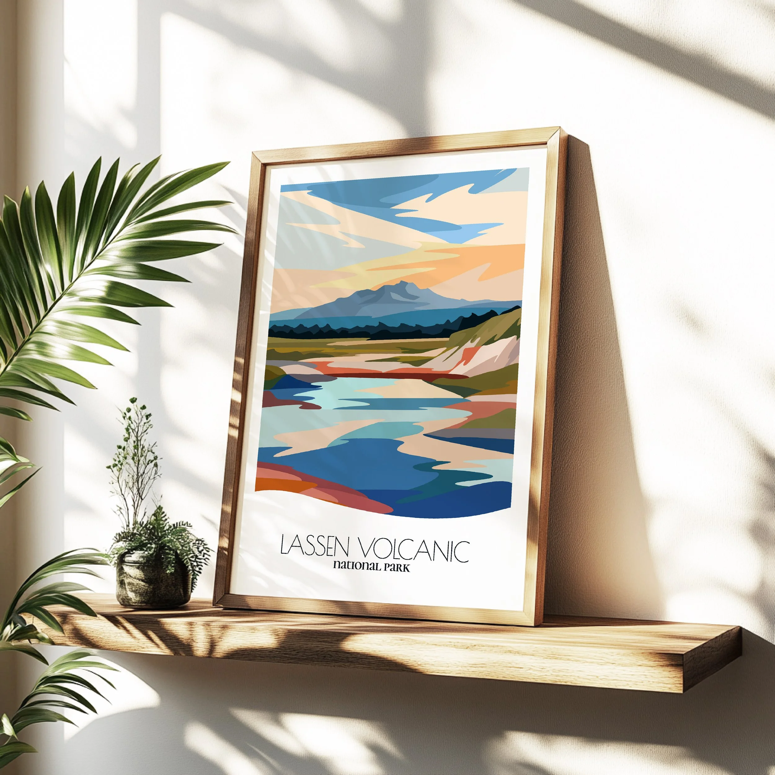 Minimalist travel poster of lassen volcanic with clean modern design for travelers.